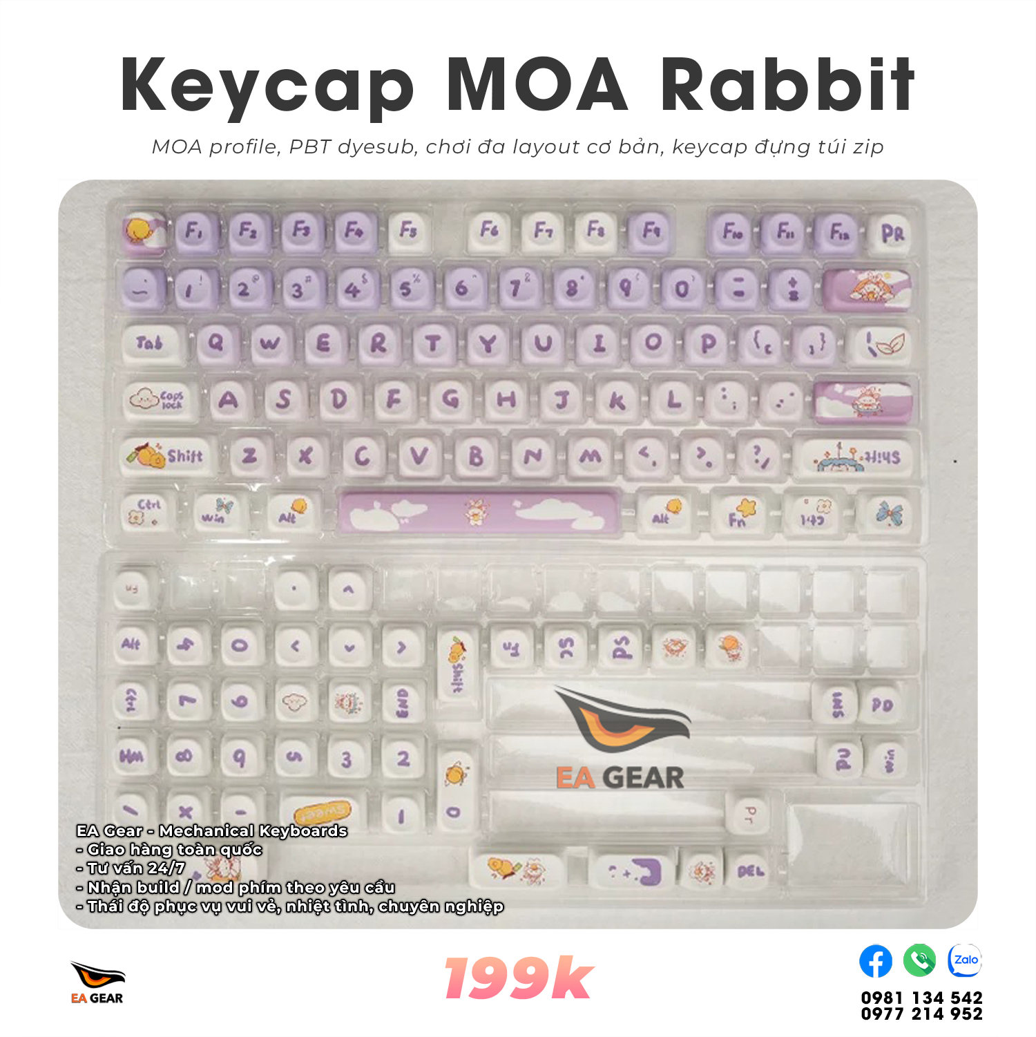 Keycap MOA Rabbit Tím (MOA profile, nhựa pbt dyesub, chơi đa layout, siêu cute)