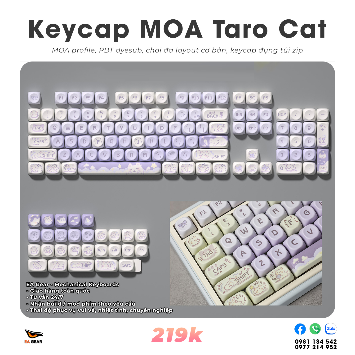 Keycap MOA Taro Cat (MOA profile, nhựa pbt dyesub, chơi đa layout, siêu cute)