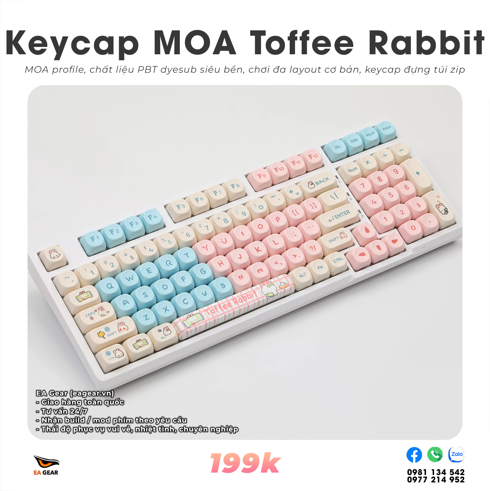 Keycap MOA Toffee Rabbit (MOA profile, nhựa pbt dyesub, chơi đa layout, siêu cute)