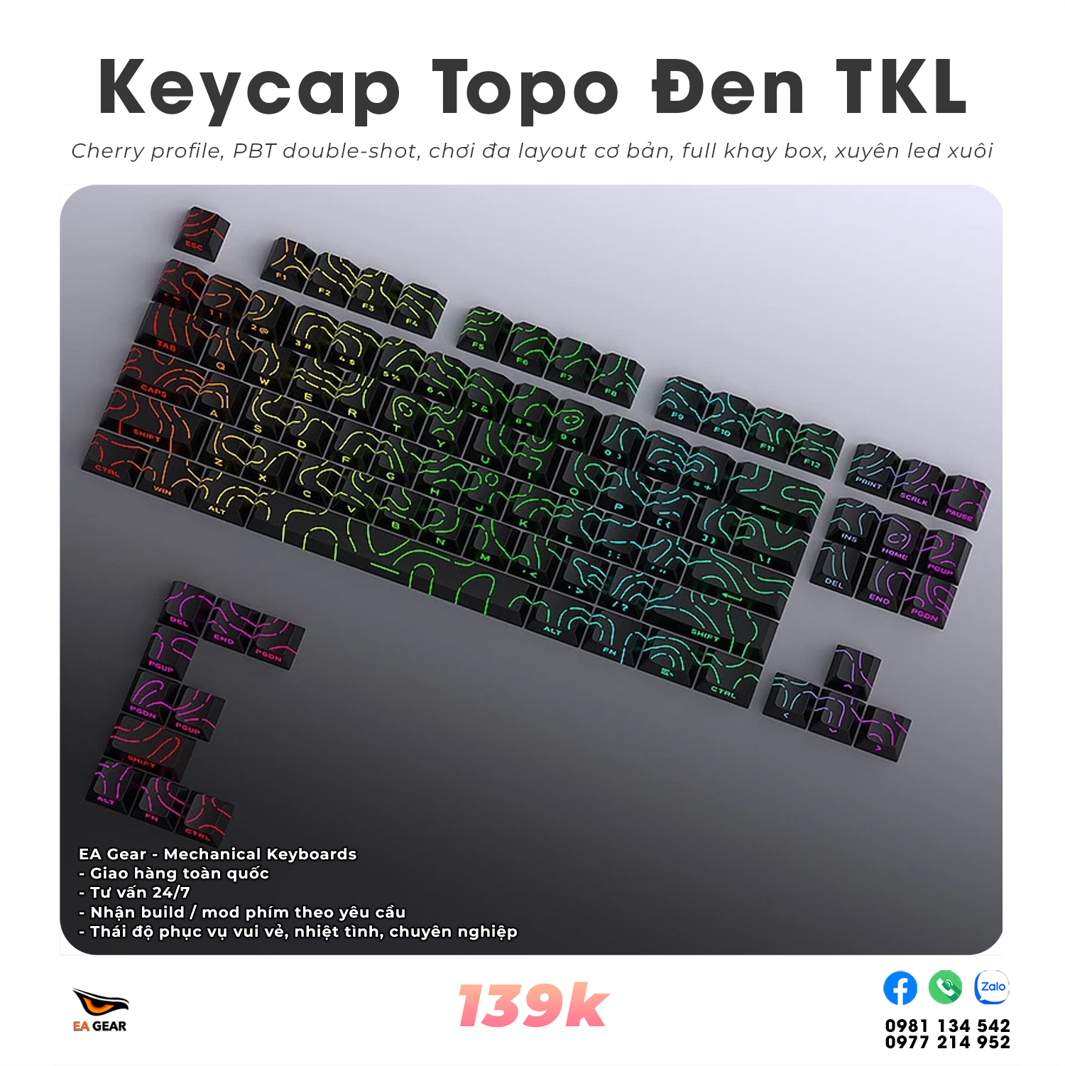 Bộ Keycap Topo Graphic Contour Vằn Vện Xuyên Led Đen Mạch Xuôi PBT Double-shot Cherry Profile