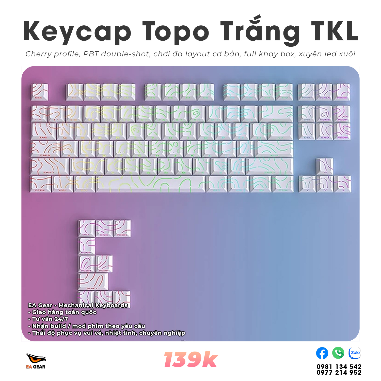 Bộ Keycap Topo Graphic Contour Vằn Vện Xuyên Led Trắng Mạch Xuôi PBT Double-shot Cherry Profile