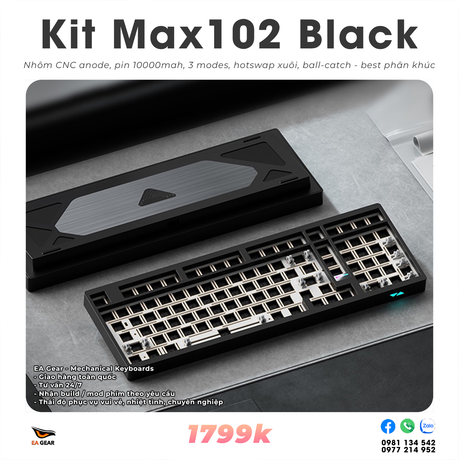 Kit Bàn Phím Cơ Max102 Nhôm CNC Ball-Catch 3 Modes - Màu Black