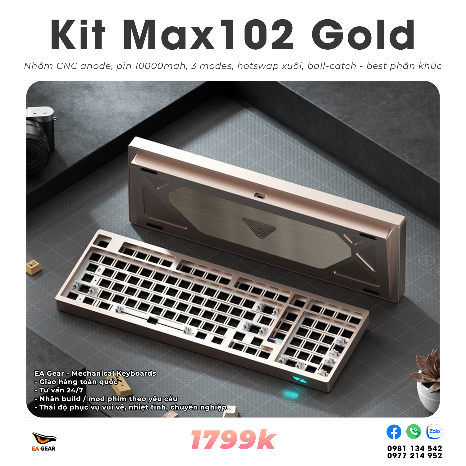 Kit Bàn Phím Cơ Max102 Nhôm CNC Ball-Catch 3 Modes - Màu Gold