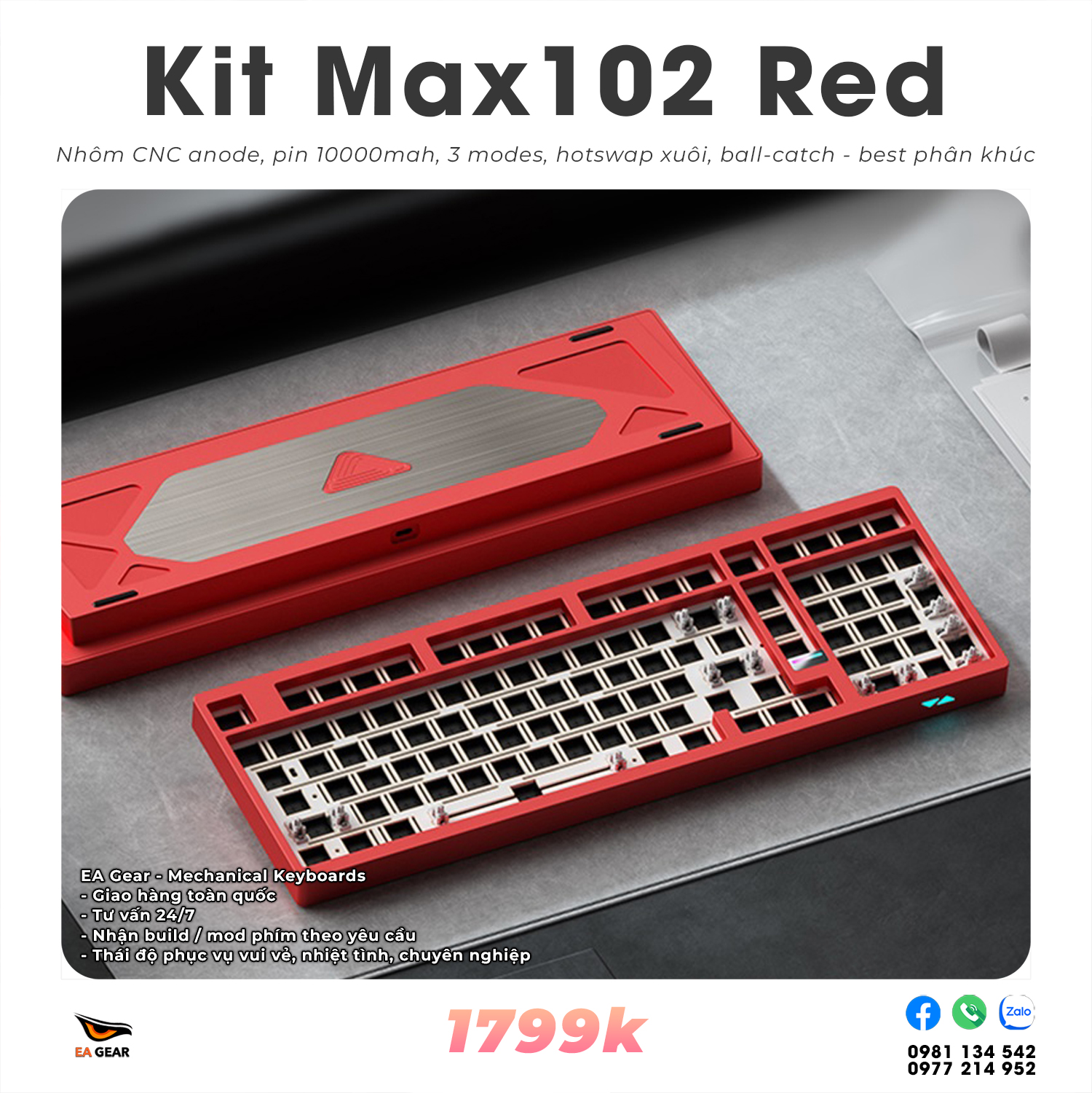 Kit Bàn Phím Cơ Max102 Nhôm CNC Ball-Catch 3 Modes - Màu Red
