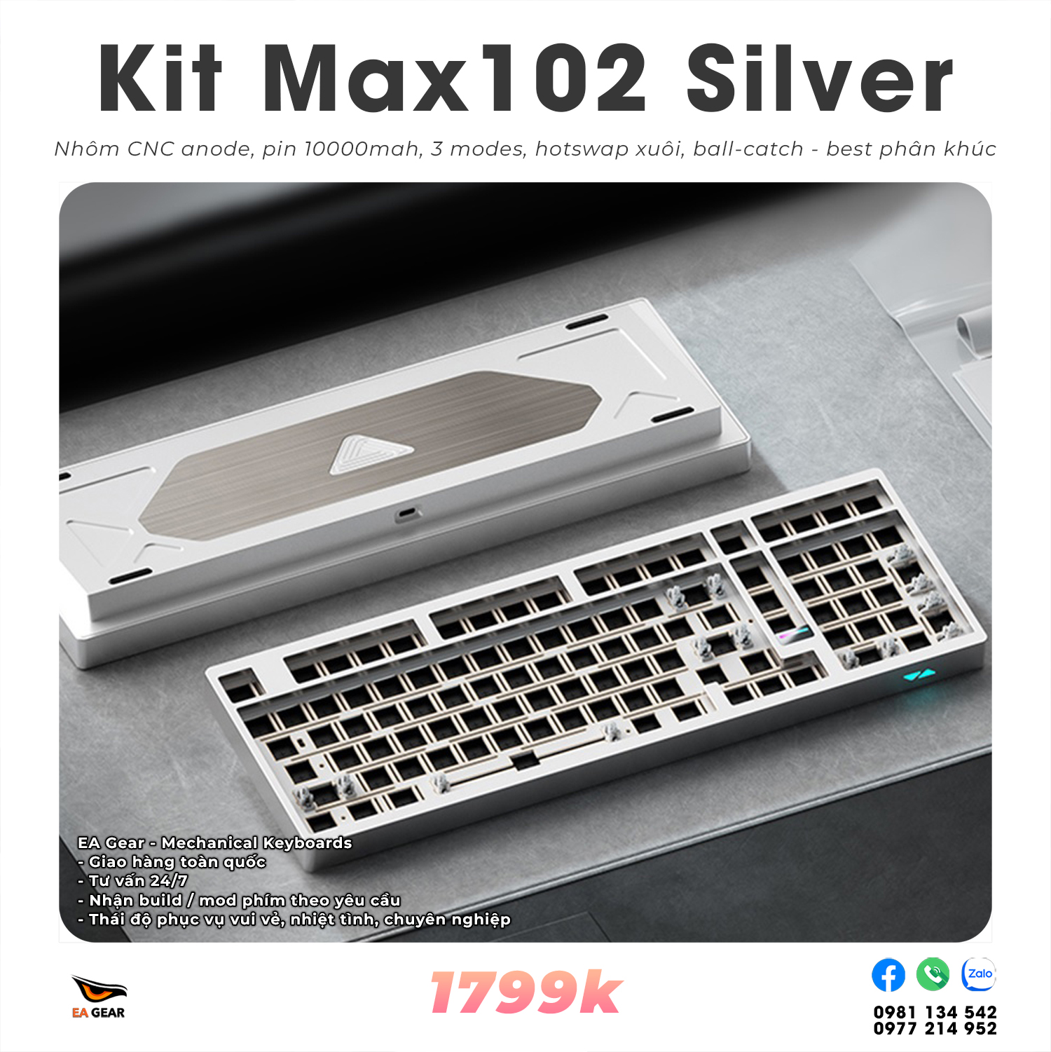 Kit Bàn Phím Cơ Max102 Nhôm CNC Ball-Catch 3 Modes - Màu Silver