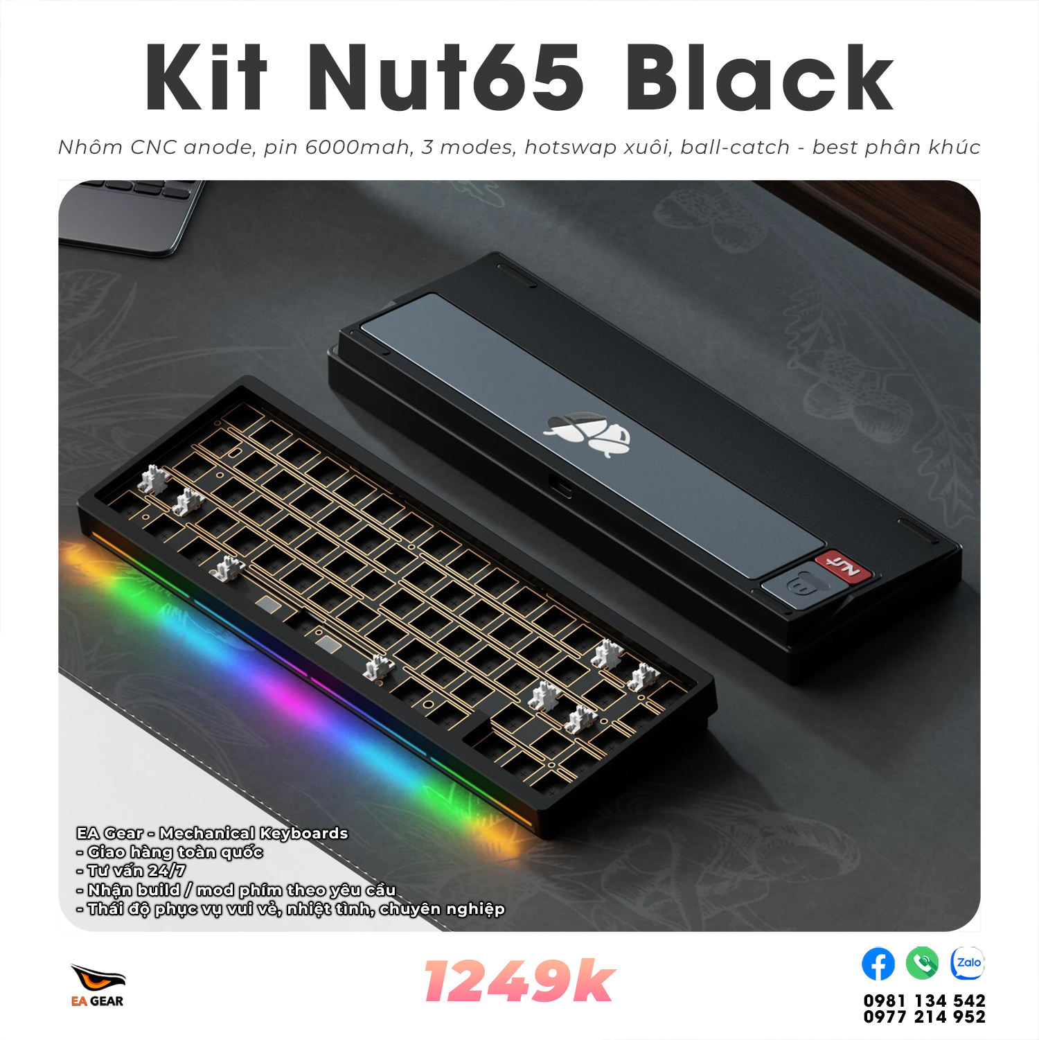 Kit Bàn Phím Cơ Nut65 Nhôm CNC, 3 Modes, Ball-catch, RGB, Led Viền - Màu Black