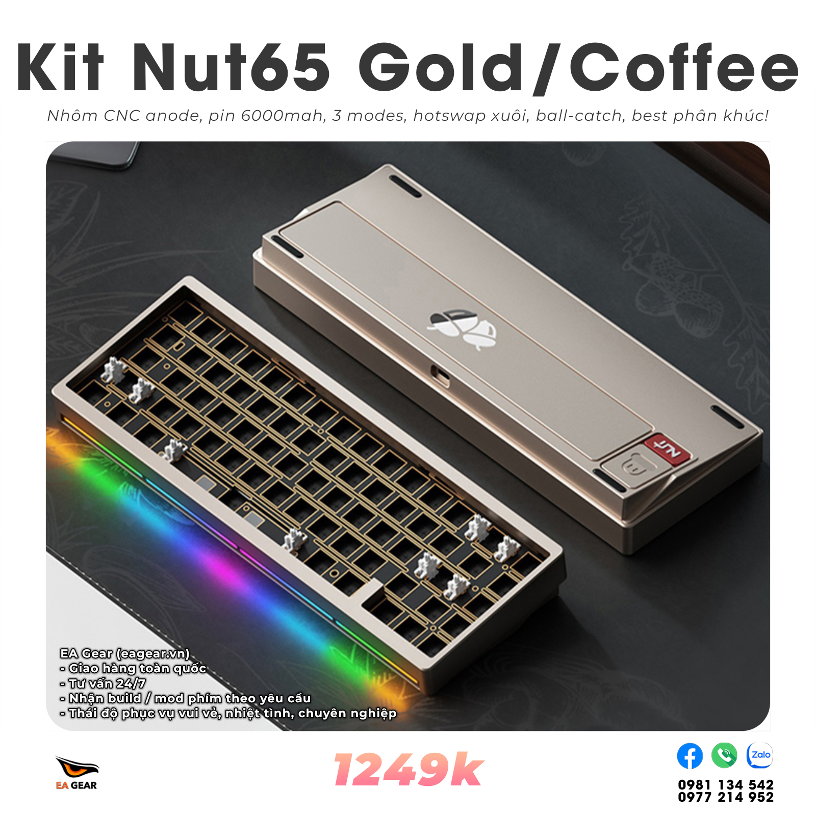 Kit Bàn Phím Cơ Nut65 Nhôm CNC, 3 Modes, Ball-catch, RGB, Led Viền - Màu Gold