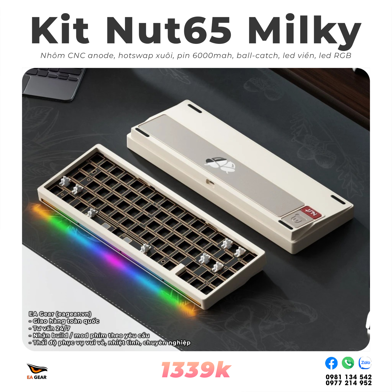 Kit Bàn Phím Cơ Nut65 Nhôm CNC, 3 Modes, Ball-catch, RGB, Led Viền - Màu Milky