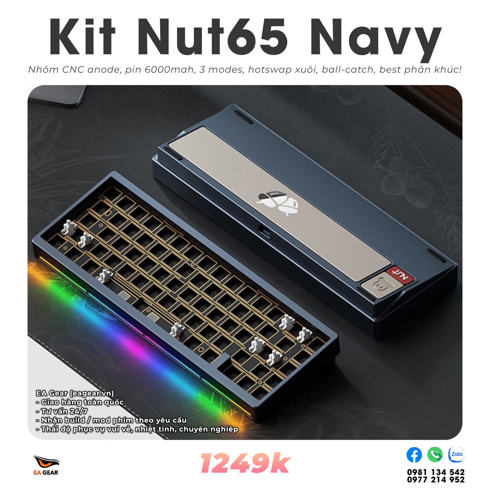 Kit Bàn Phím Cơ Nut65 Nhôm CNC, 3 Modes, Ball-catch, RGB, Led Viền - Màu Navy
