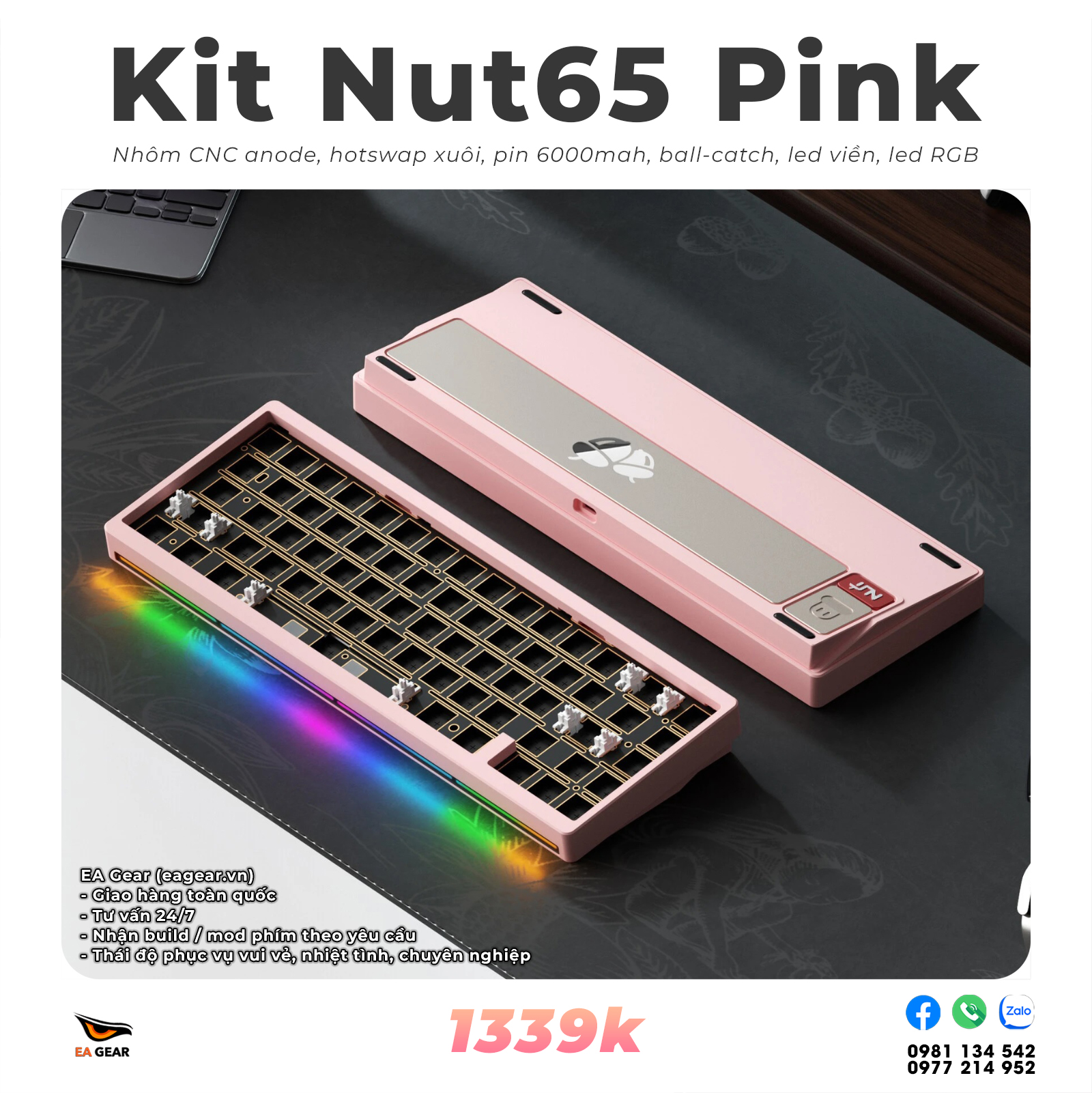 Kit Bàn Phím Cơ Nut65 Nhôm CNC, 3 Modes, Ball-catch, RGB, Led Viền - Màu Pink