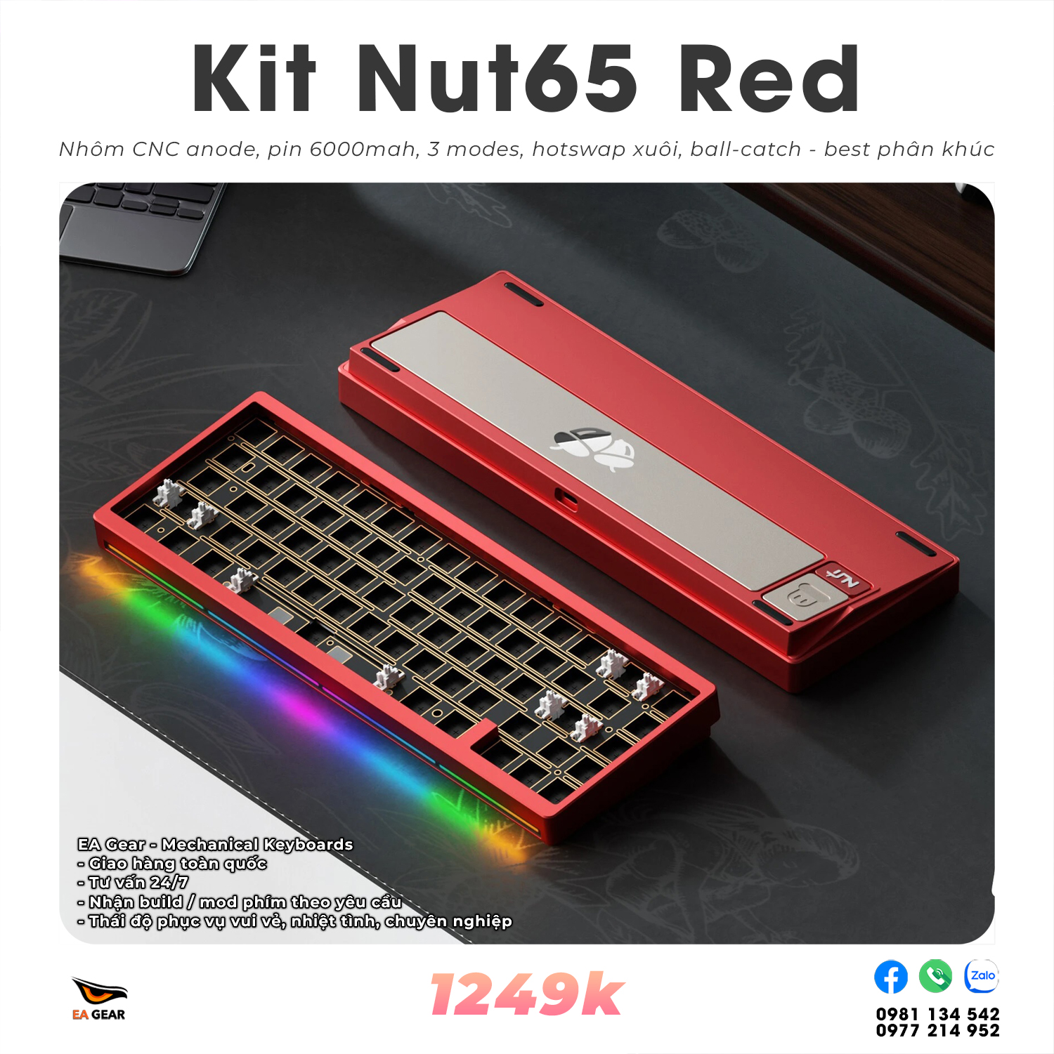 Kit Bàn Phím Cơ Nut65 Nhôm CNC, 3 Modes, Ball-catch, RGB, Led Viền - Màu Red