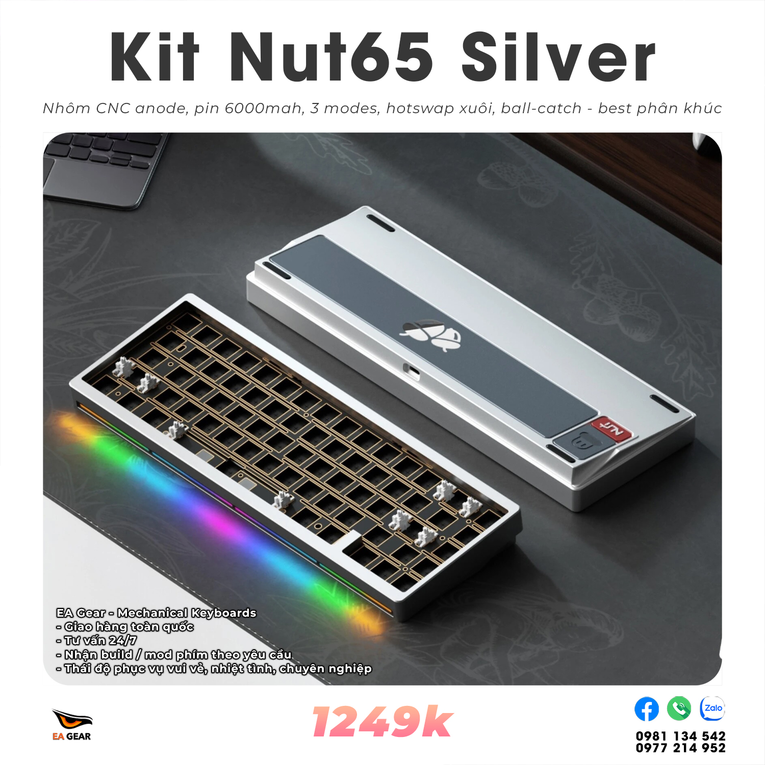 Kit Bàn Phím Cơ Nut65 Nhôm CNC, 3 Modes, Ball-catch, RGB, Led Viền - Màu Silver