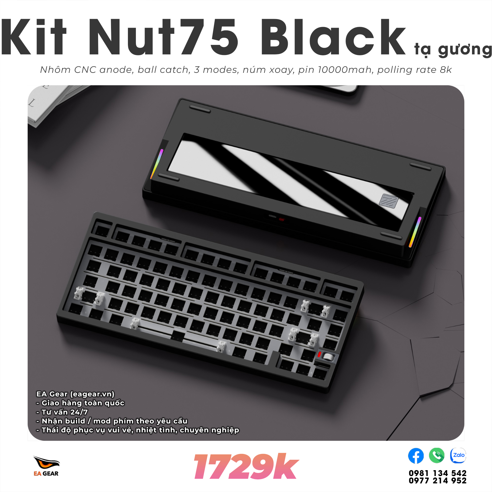 Kit Bàn Phím Cơ Custom Nut75 Nhôm CNC Ball-Catch 3 Modes Pin 10000mAh - Màu Black Tạ Gương