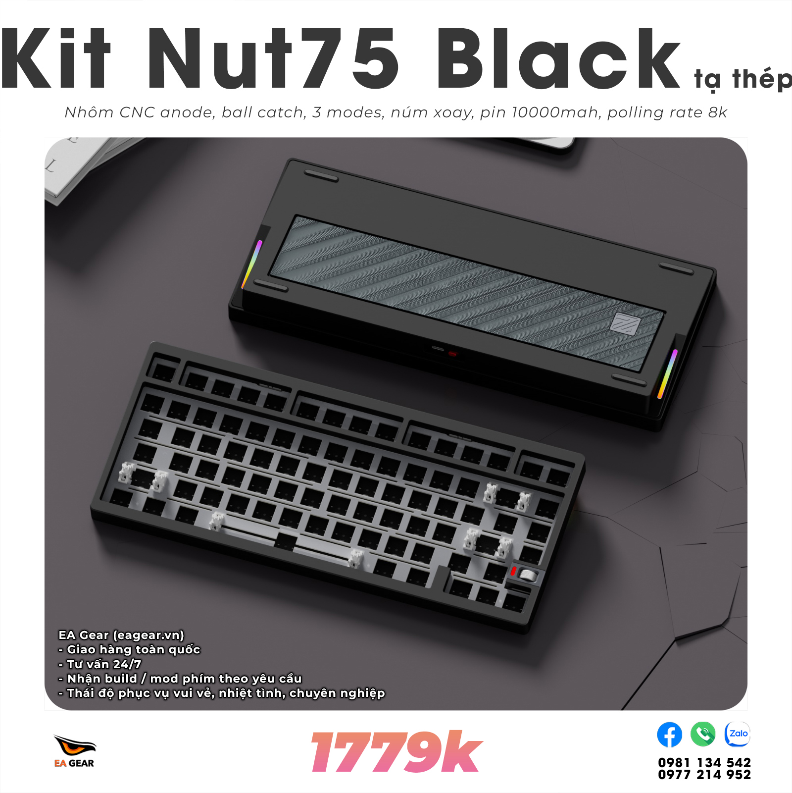 Kit Bàn Phím Cơ Custom Nut75 Nhôm CNC Ball-Catch 3 Modes Pin 10000mAh - Màu Black Tạ Thép