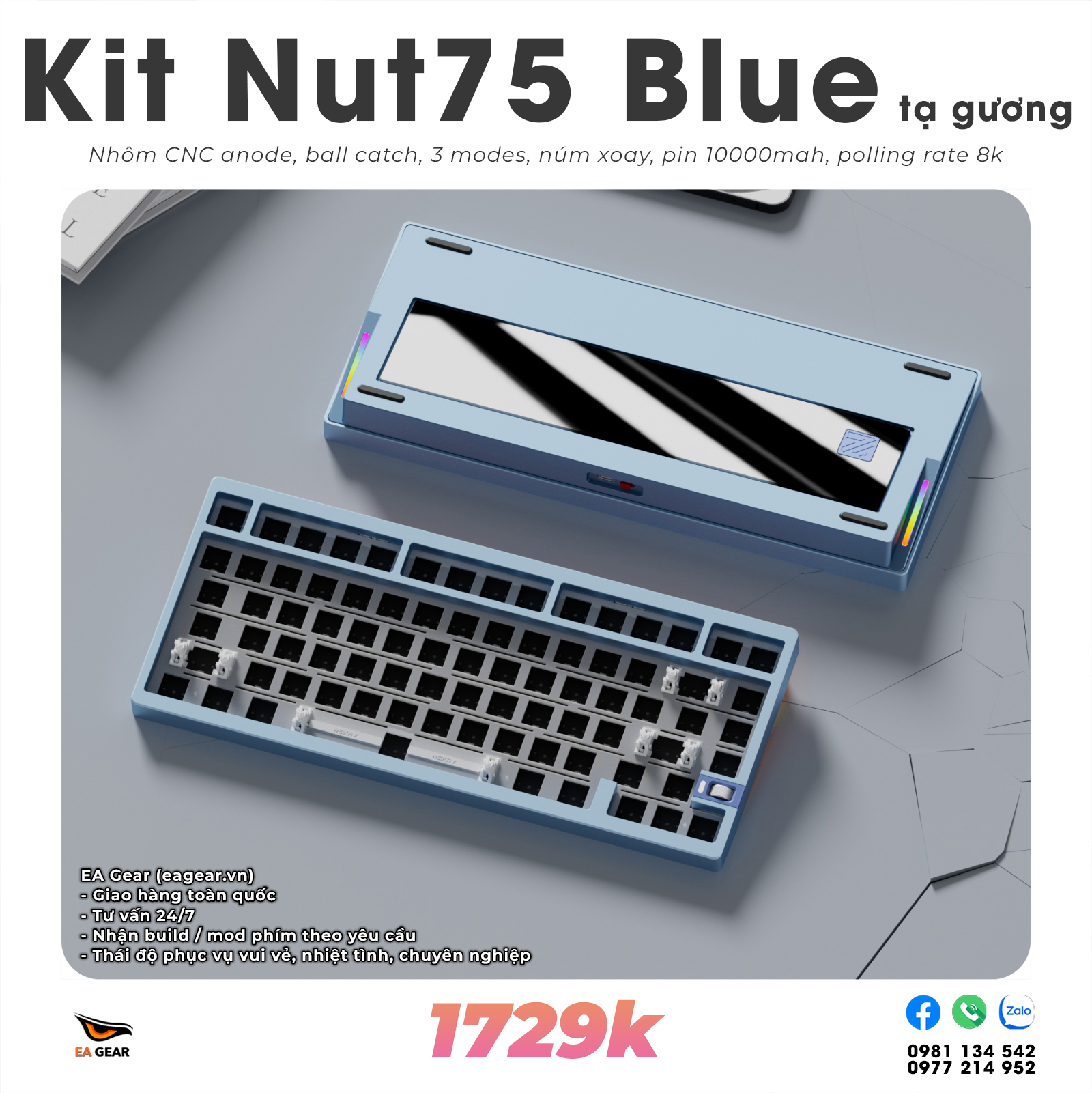Kit Bàn Phím Cơ Custom Nut75 Nhôm CNC Ball-Catch 3 Modes Pin 10000mAh - Màu Blue Tạ Gương