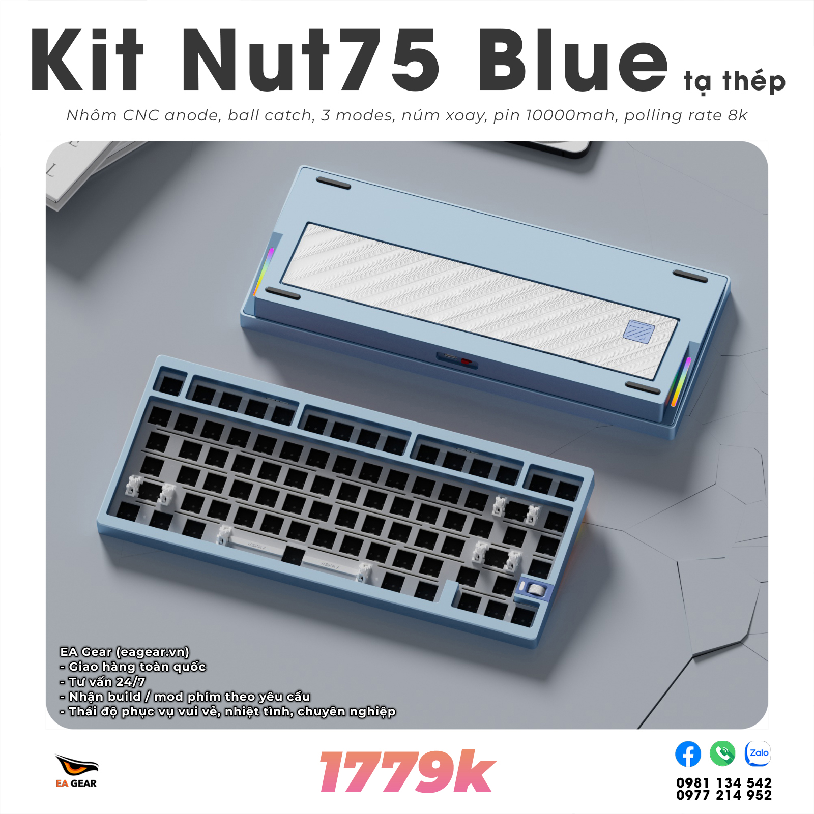 Kit Bàn Phím Cơ Custom Nut75 Nhôm CNC Ball-Catch 3 Modes Pin 10000mAh - Màu Blue Tạ Thép