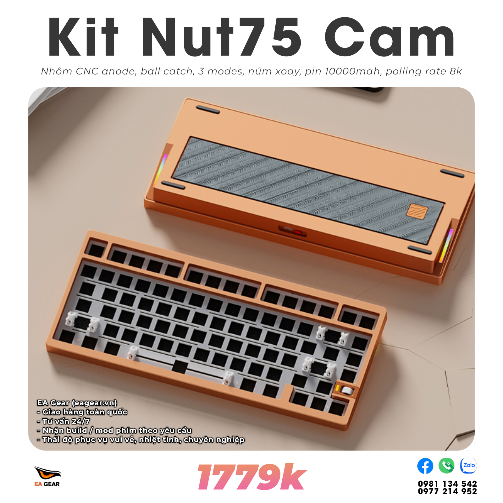 Kit Bàn Phím Cơ Custom Nut75 Nhôm CNC Ball-Catch 3 Modes Pin 10000mAh - Màu Cam Tạ Thép