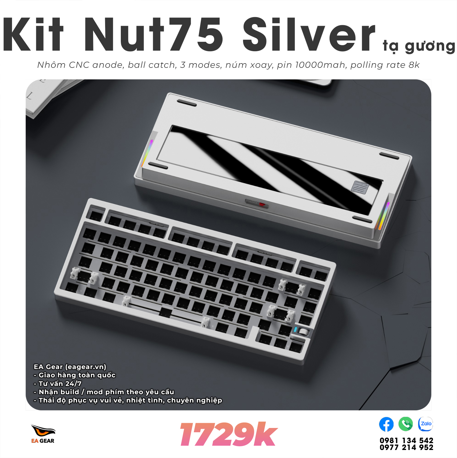 Kit Bàn Phím Cơ Custom Nut75 Nhôm CNC Ball-Catch 3 Modes Pin 10000mAh - Màu Silver Tạ Gương