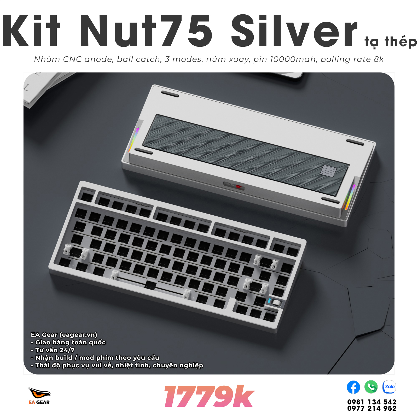 Kit Bàn Phím Cơ Custom Nut75 Nhôm CNC Ball-Catch 3 Modes Pin 10000mAh - Màu Silver Tạ Thép