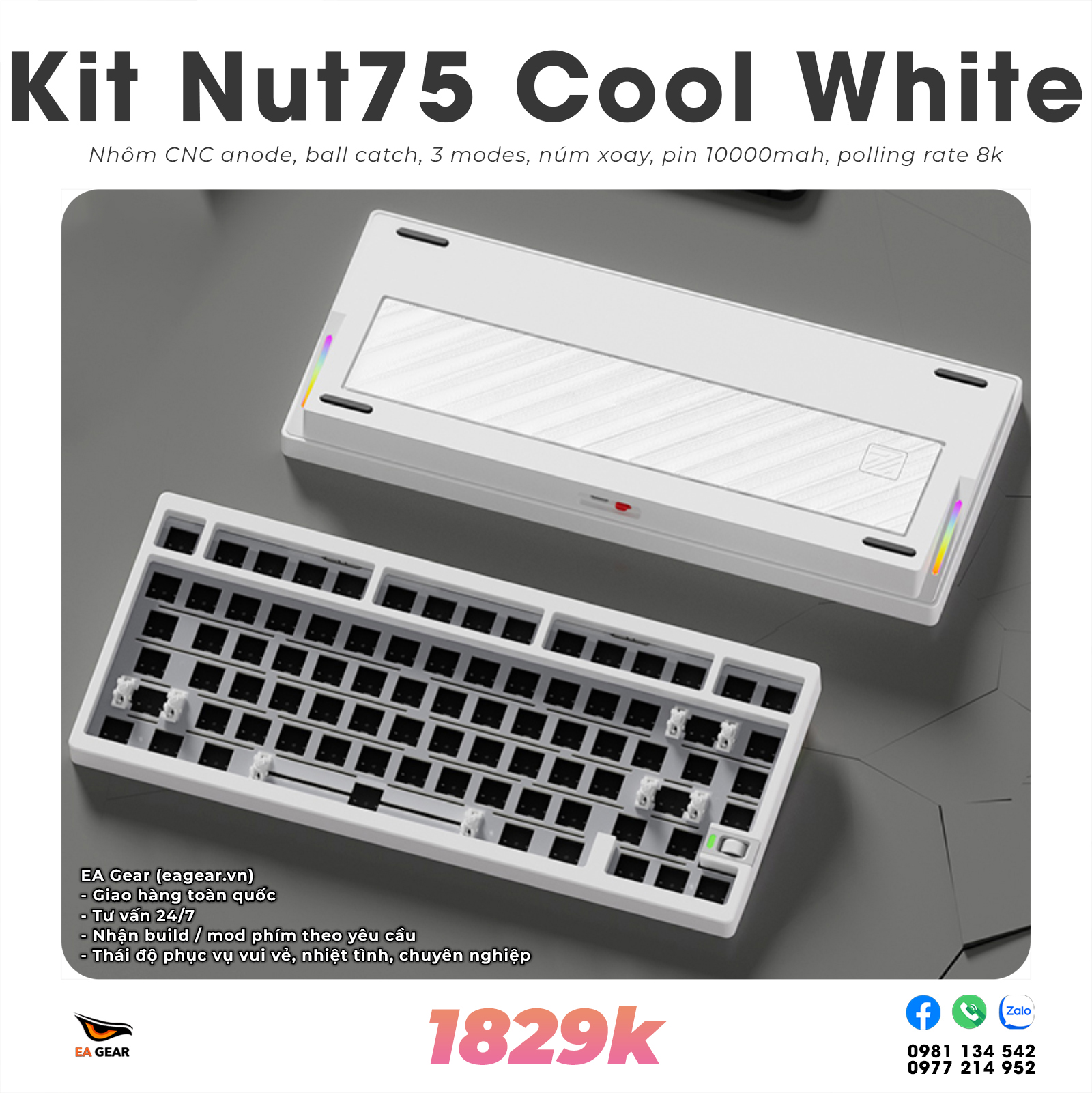 Kit Bàn Phím Cơ Custom Nut75 Nhôm CNC Ball-Catch 3 Modes Pin 10000mAh - Màu Cool White Tạ Thép