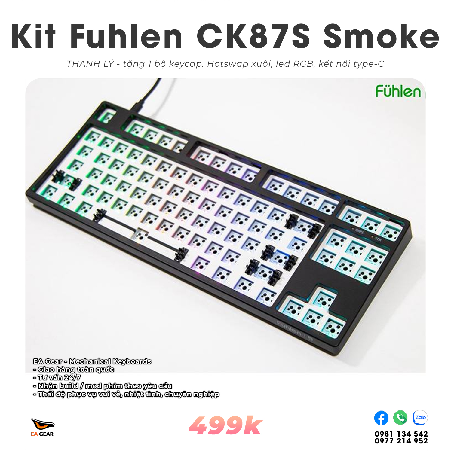 [Siêu Thanh Lý] Kit Bàn Phím Cơ Custom Fuhlen CK87S Smoke Hotswap Mạch Xuôi RGB – Tặng Kèm Bộ Keycap