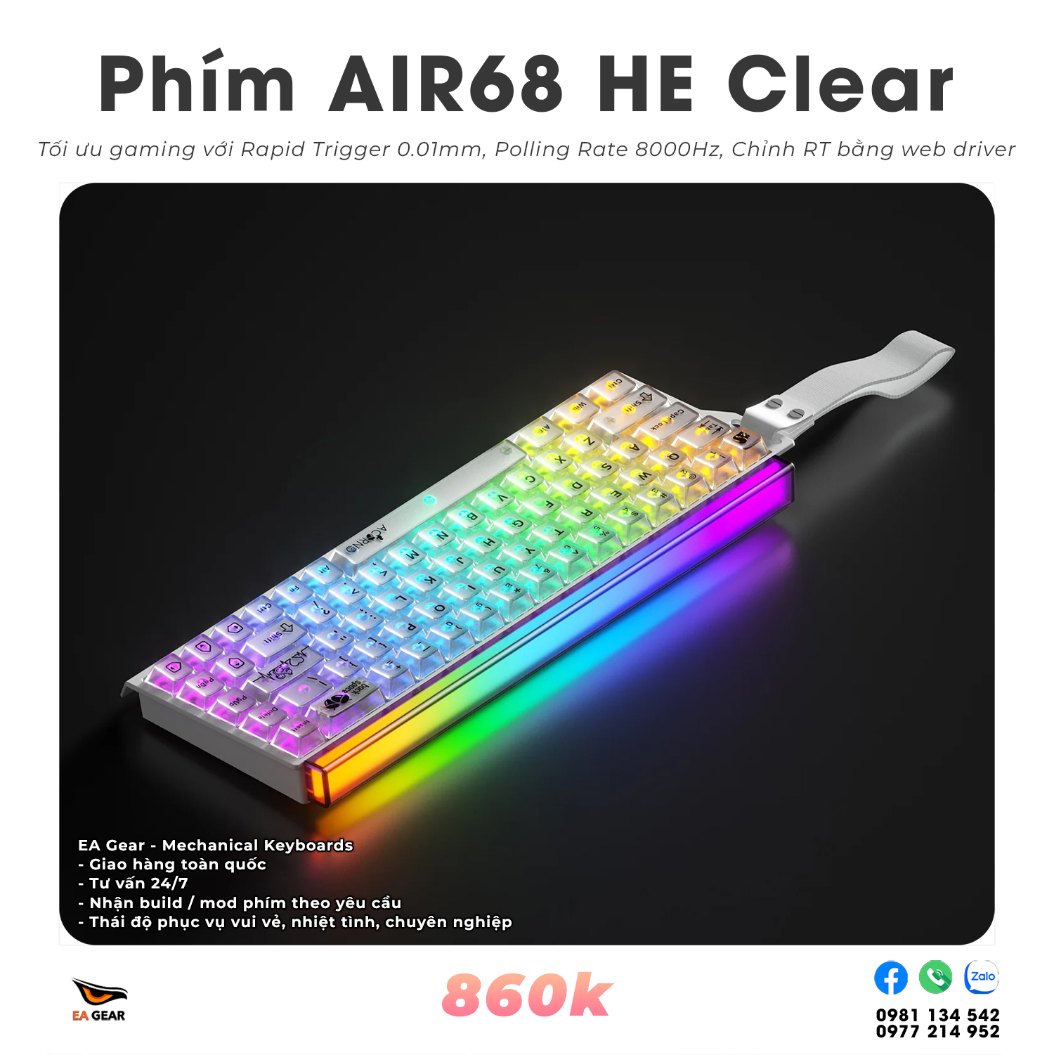 Bàn Phím Cơ Gaming AIR68 HE – Hall Effect, Rapid Trigger 0.01mm, Polling Rate 8000Hz Chuẩn Esports - Màu White Clear
