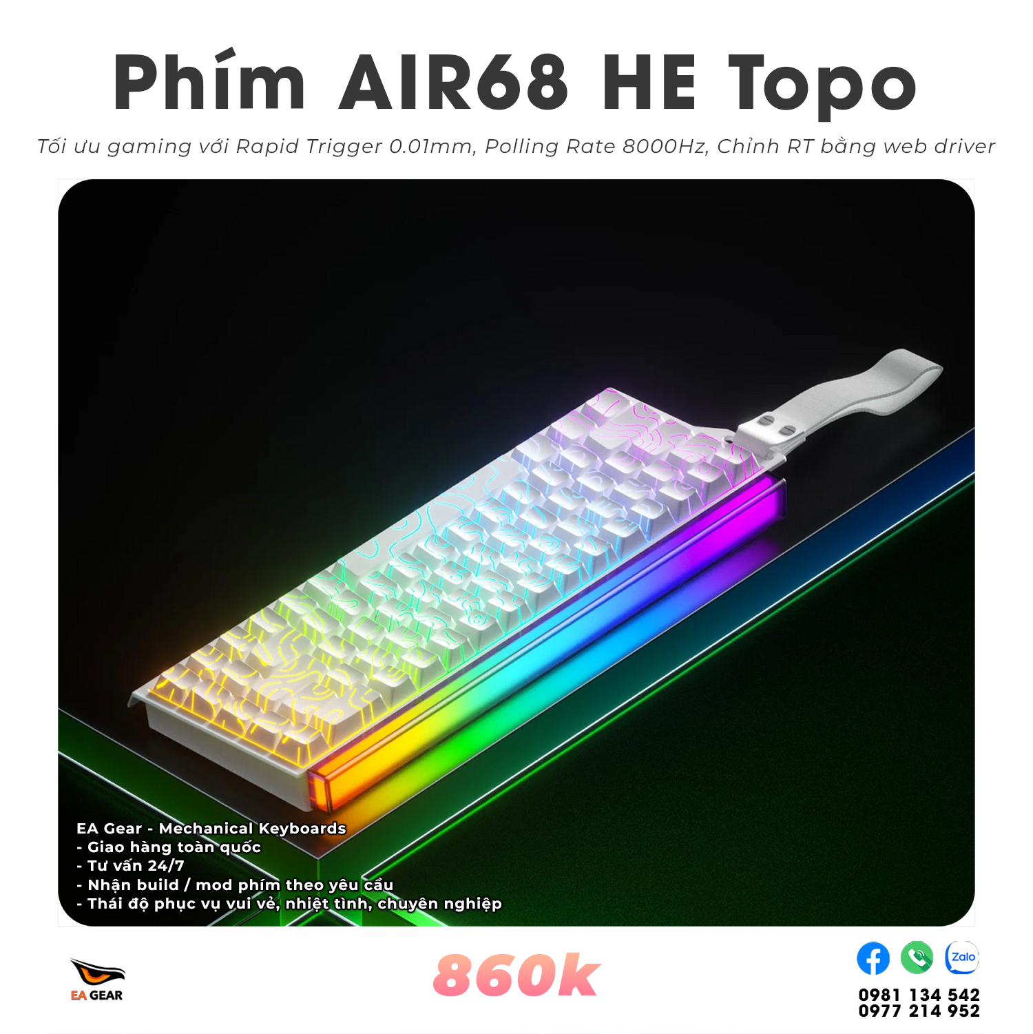 Bàn Phím Cơ Gaming AIR68 HE – Hall Effect, Rapid Trigger 0.01mm, Polling Rate 8000Hz Chuẩn Esports - Màu White Topo