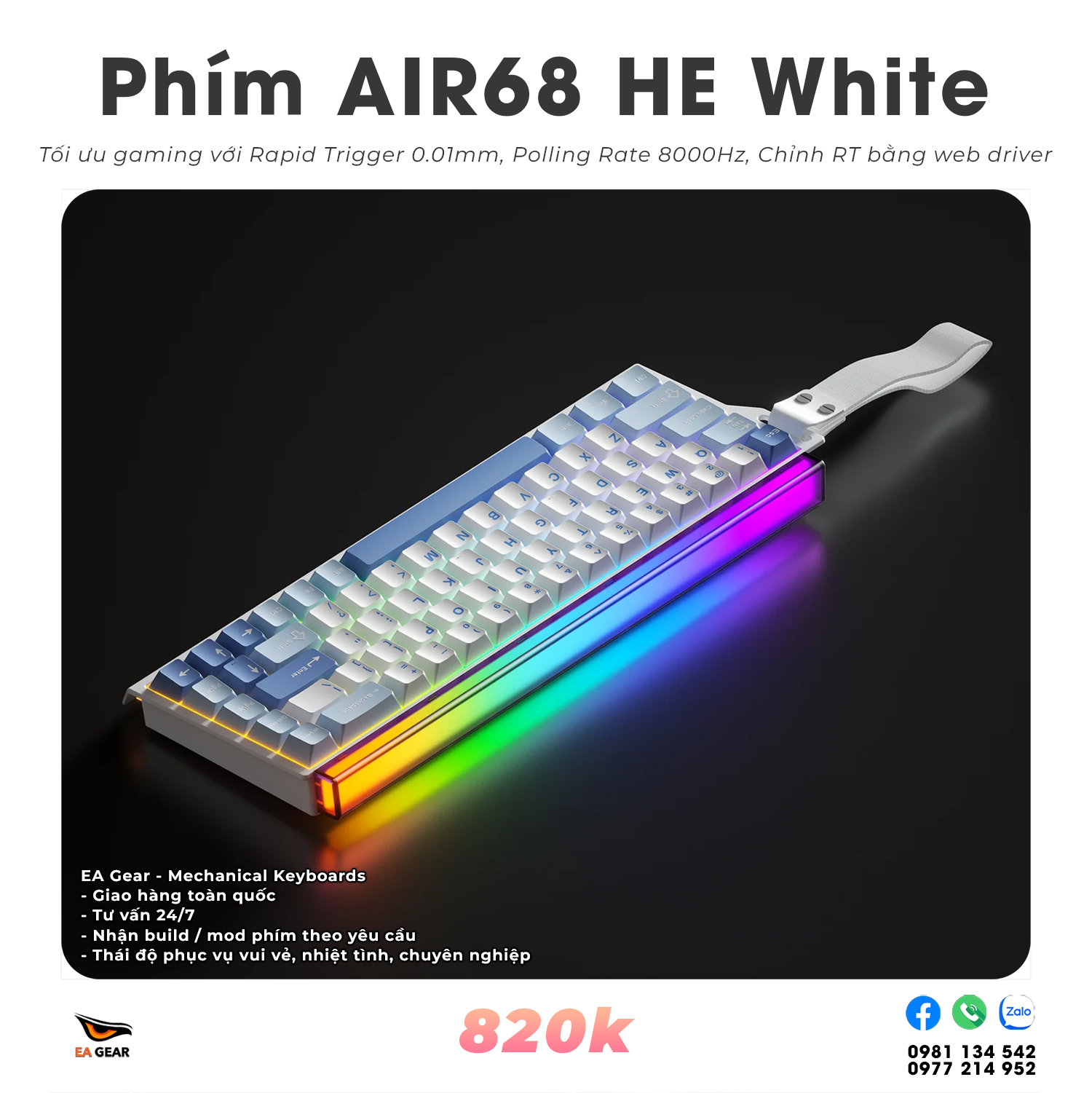 Bàn Phím Cơ Gaming AIR68 HE – Hall Effect, Rapid Trigger 0.01mm, Polling Rate 8000Hz Chuẩn Esports - Màu White Blue