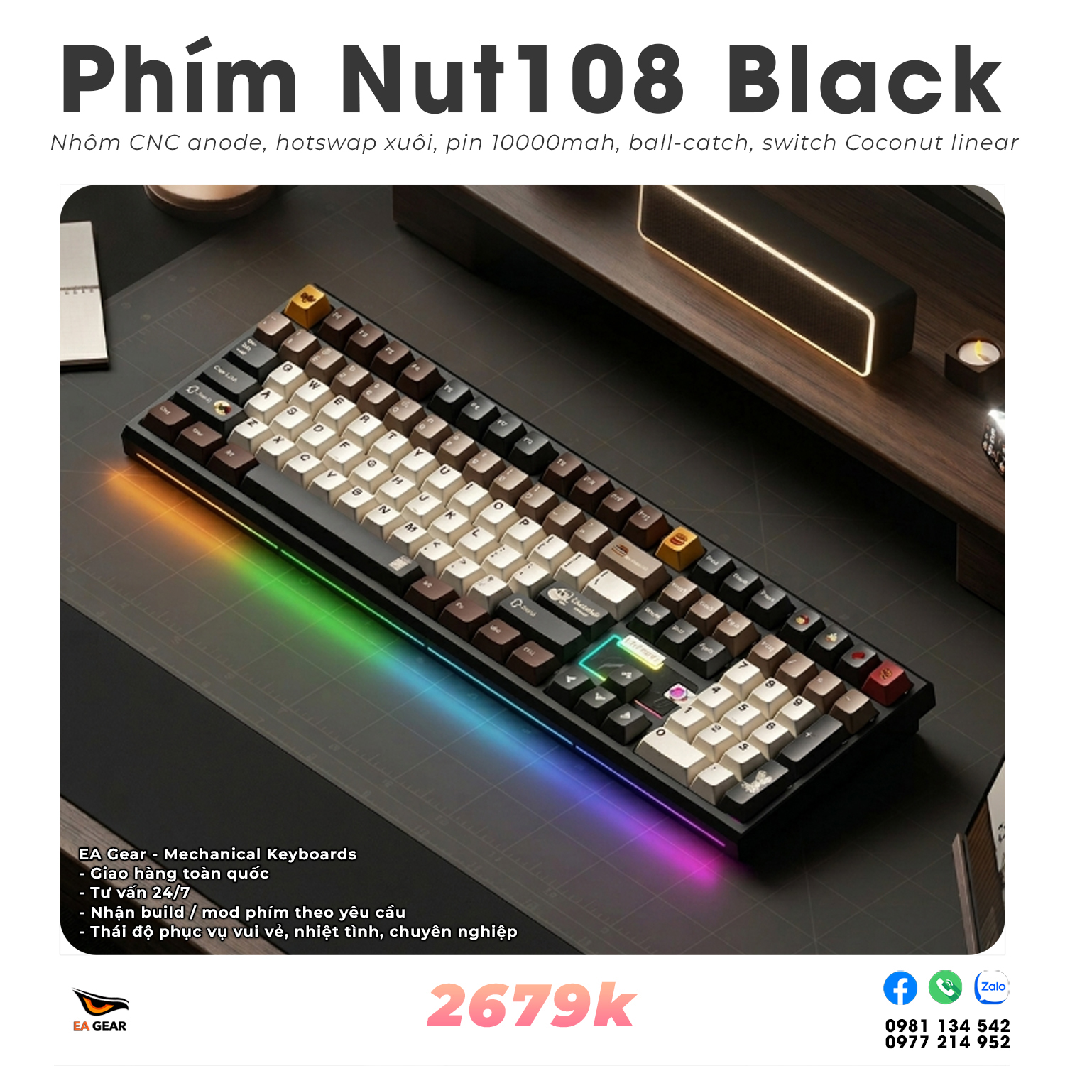 Bàn Phím Cơ Nut108 Black - Bàn Phím Nhôm Fullsize Nhôm CNC Anode Ball-catch 3 Modes BEST PHÂN KHÚC - EA Gear