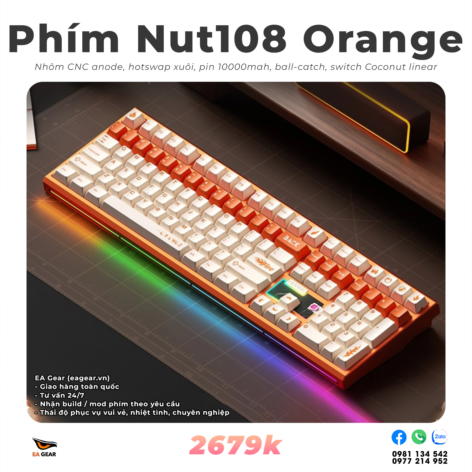 Bàn Phím Cơ Nut108 Orange - Bàn Phím Nhôm Fullsize Nhôm CNC Anode Ball-catch 3 Modes BEST PHÂN KHÚC - EA Gear