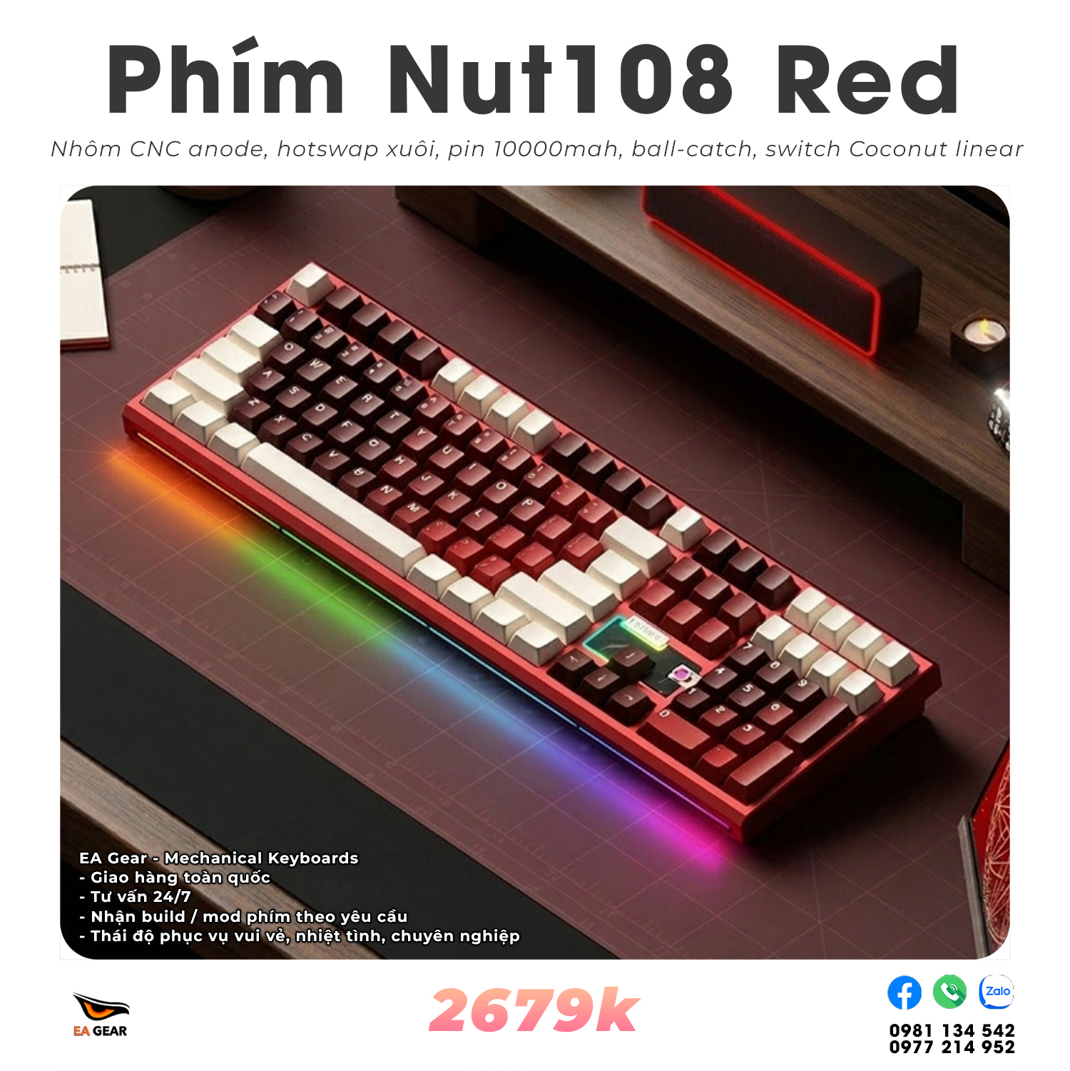 Bàn Phím Cơ Nut108 Red - Bàn Phím Nhôm Fullsize Nhôm CNC Anode Ball-catch 3 Modes BEST PHÂN KHÚC - EA Gear