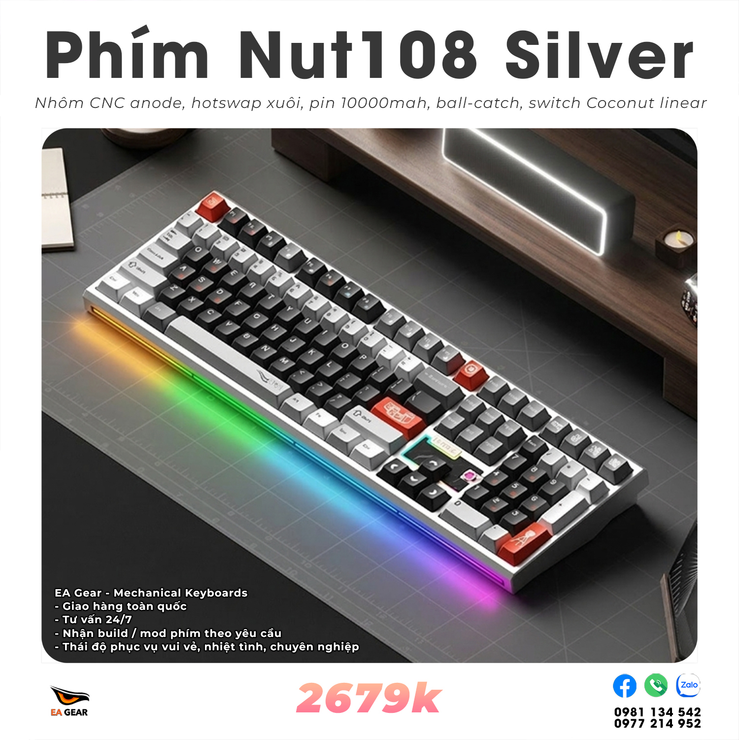 Bàn Phím Cơ Nut108 Silver - Bàn Phím Nhôm Fullsize Nhôm CNC Anode Ball-catch 3 Modes BEST PHÂN KHÚC - EA Gear