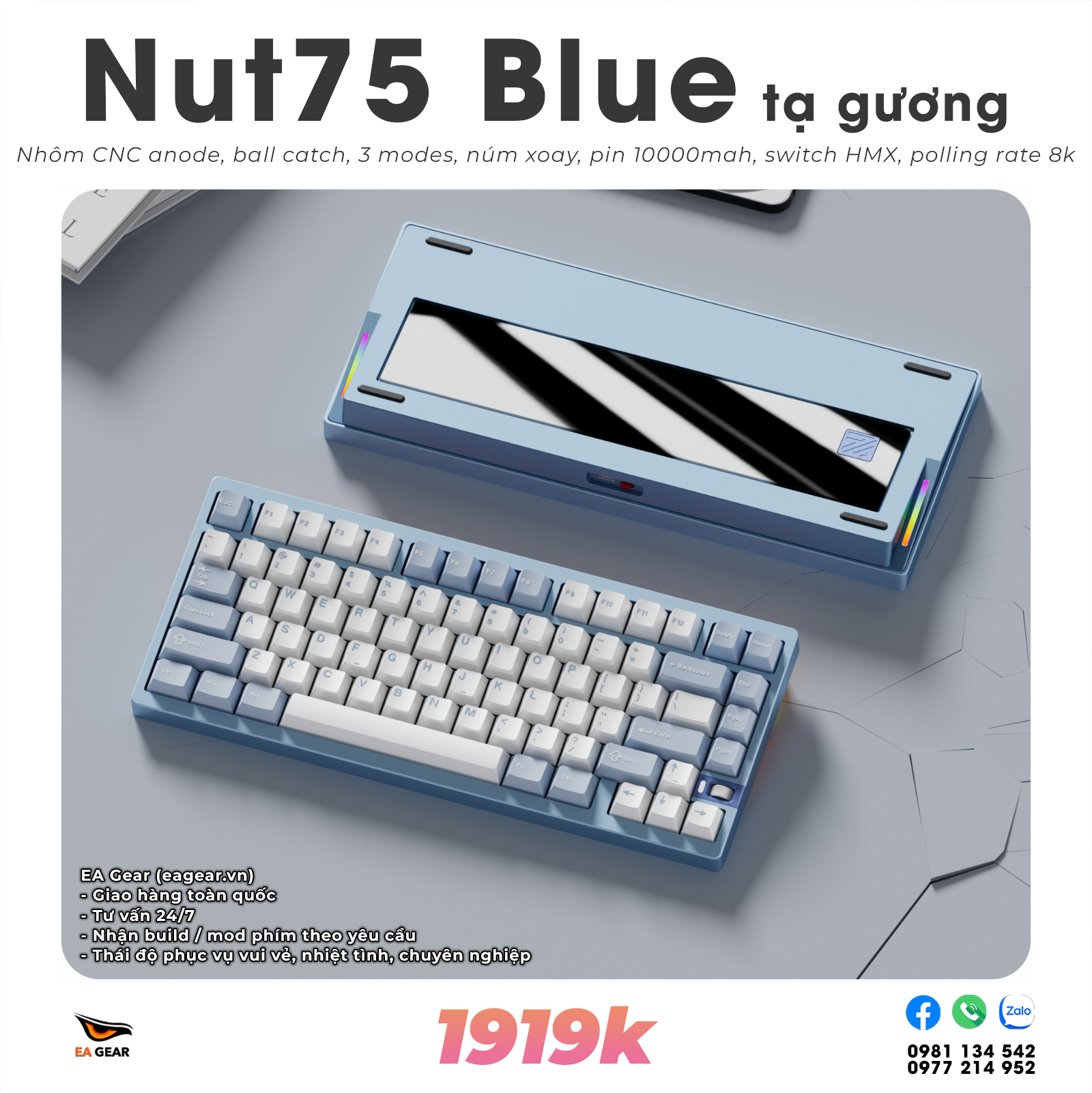 Bàn Phím Cơ Nut75 Nhôm CNC Ball-Catch 3 Modes Pin 10000mAh Núm Chỉnh Âm Lượng - Màu Blue Tạ Gương
