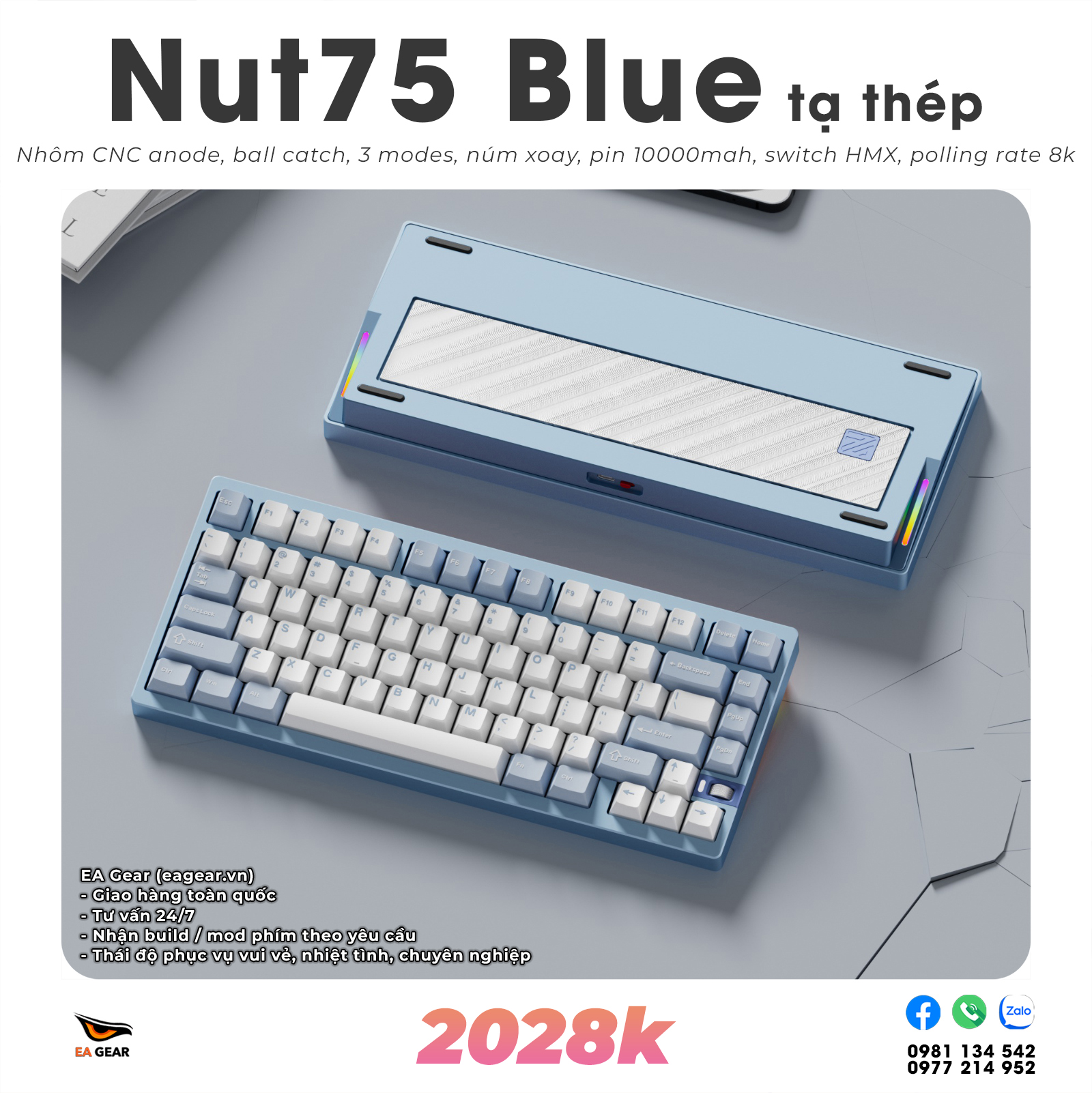 Bàn Phím Cơ Nut75 Nhôm CNC Ball-Catch 3 Modes Pin 10000mAh Núm Chỉnh Âm Lượng - Màu Blue Tạ Thép