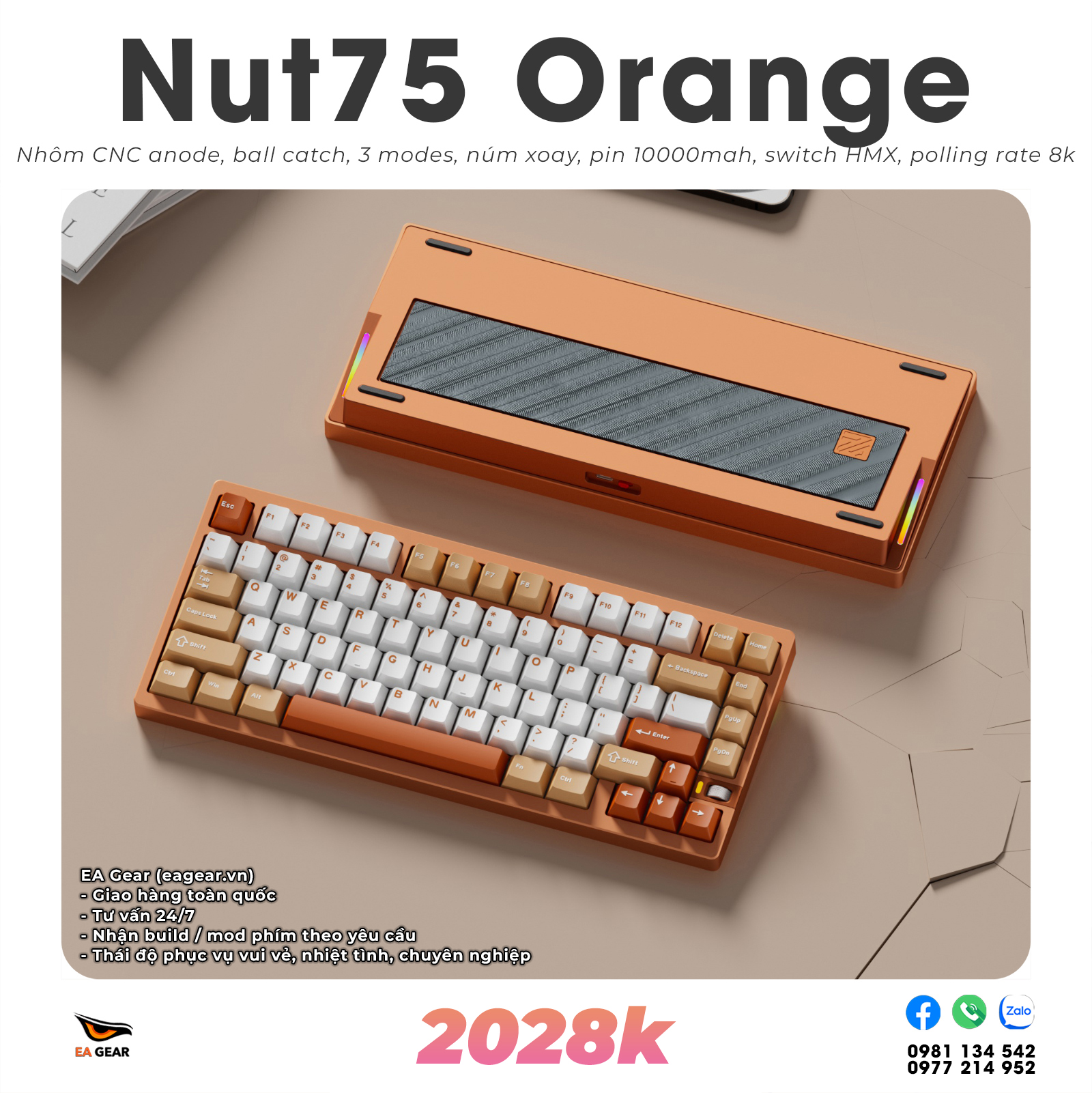 Bàn Phím Cơ Nut75 Nhôm CNC Ball-Catch 3 Modes Pin 10000mAh Núm Chỉnh Âm Lượng - Màu Orange Tạ Thép