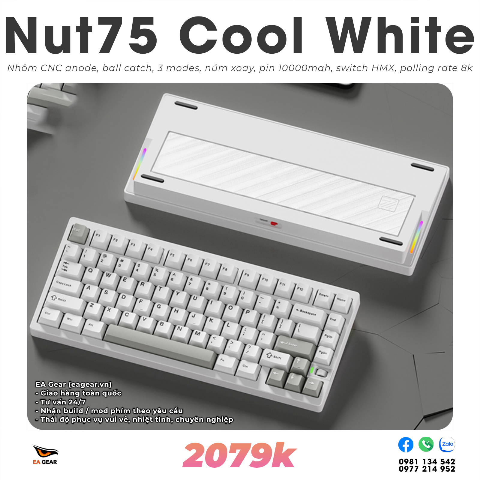 Bàn Phím Cơ Nut75 Nhôm CNC Ball-Catch 3 Modes Pin 10000mAh Núm Chỉnh Âm Lượng - Màu Cool White Tạ Thép