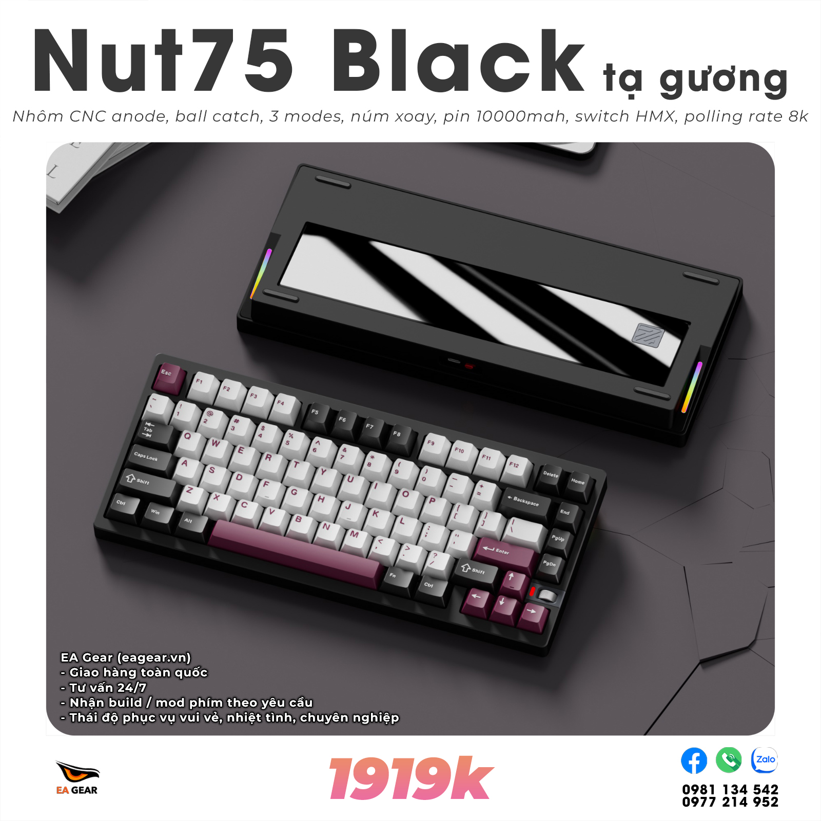 Bàn Phím Cơ Nut75 Nhôm CNC Ball-Catch 3 Modes Pin 10000mAh Núm Chỉnh Âm Lượng - Màu Black Tạ Gương