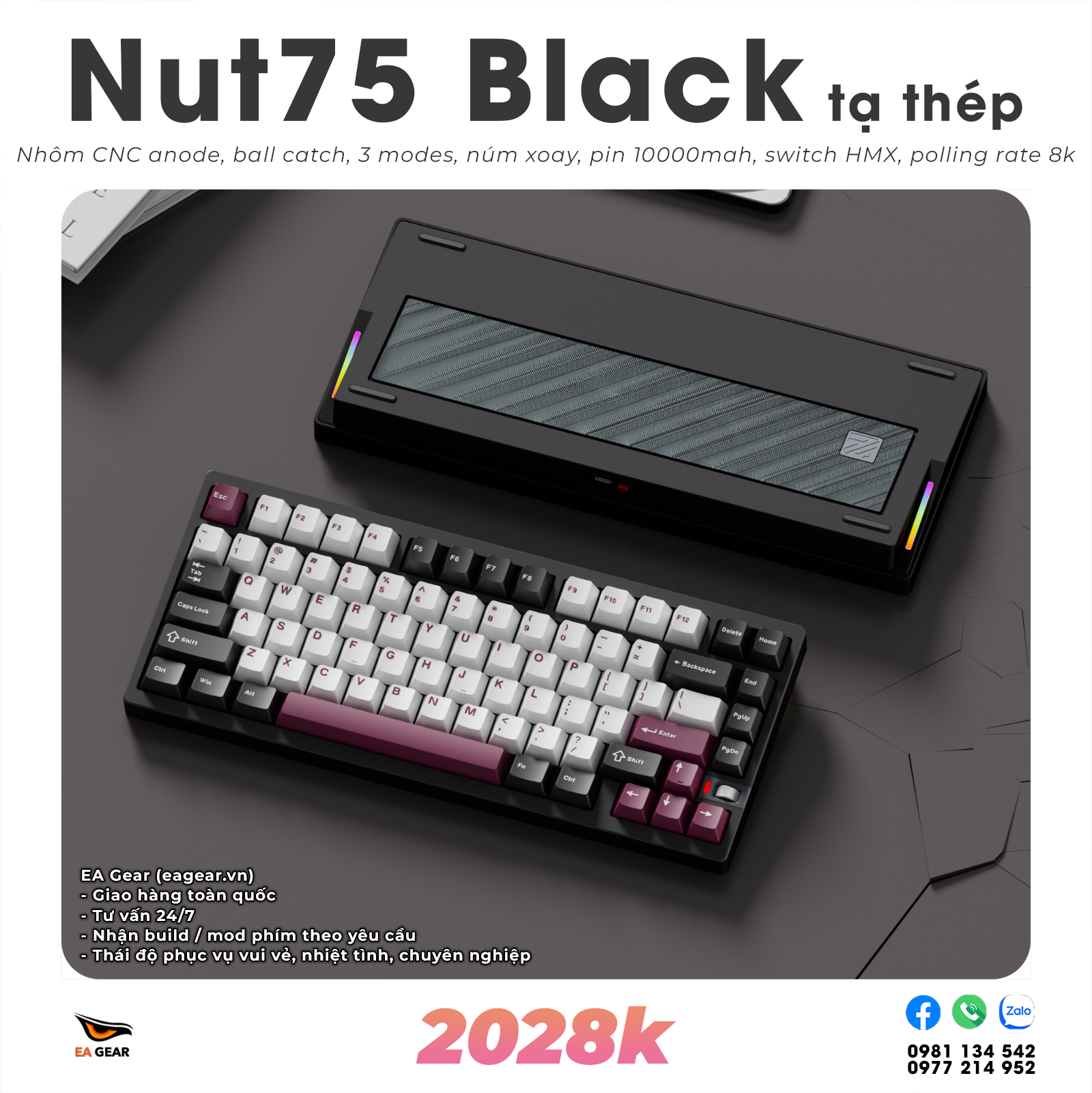 Bàn Phím Cơ Nut75 Nhôm CNC Ball-Catch 3 Modes Pin 10000mAh Núm Chỉnh Âm Lượng - Màu Black Tạ Thép
