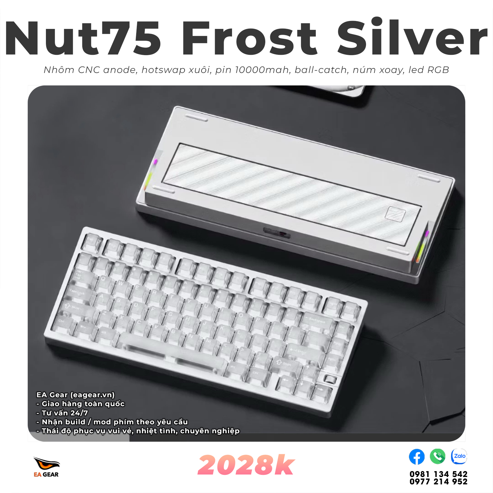 Bàn Phím Cơ Nut75 Nhôm CNC Ball-Catch 3 Modes Pin 10000mAh Núm Chỉnh Âm Lượng - Màu Frost Silver Tạ Thép