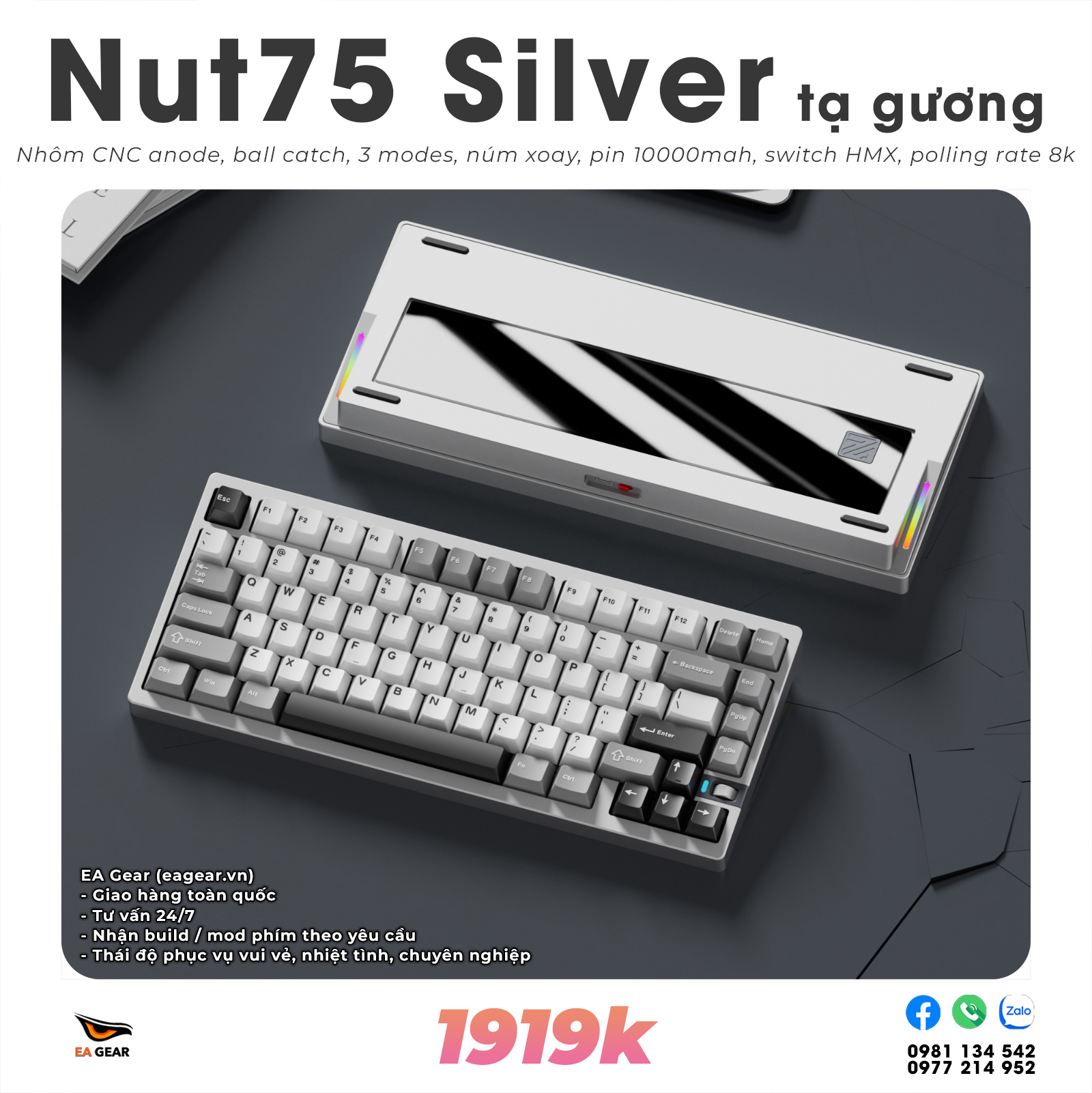 Bàn Phím Cơ Nut75 Nhôm CNC Ball-Catch 3 Modes Pin 10000mAh Núm Chỉnh Âm Lượng - Màu Silver Tạ Gương