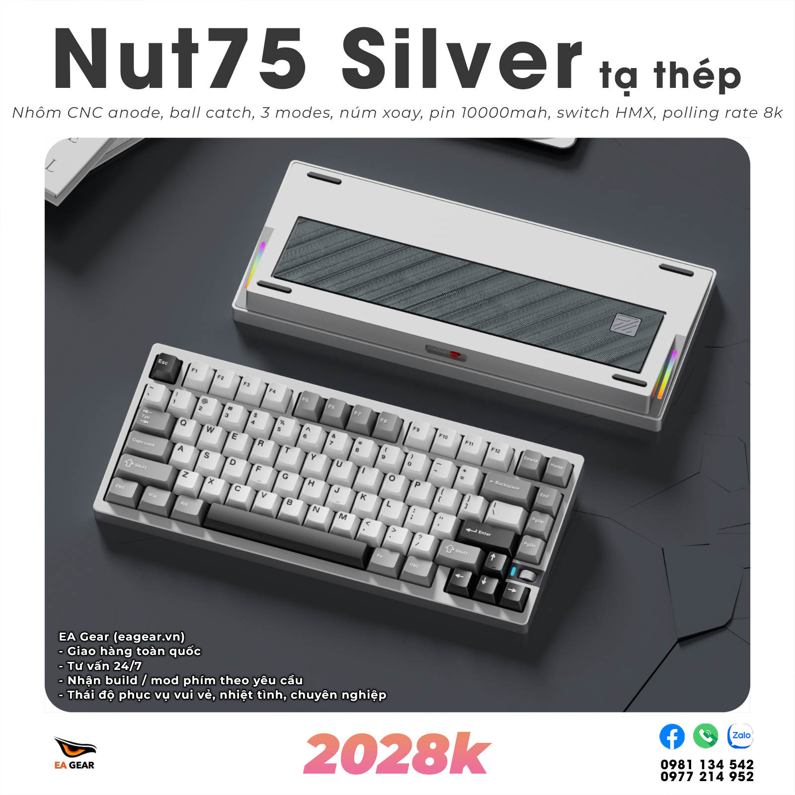 Bàn Phím Cơ Nut75 Nhôm CNC Ball-Catch 3 Modes Pin 10000mAh Núm Chỉnh Âm Lượng - Màu Silver Tạ Thép