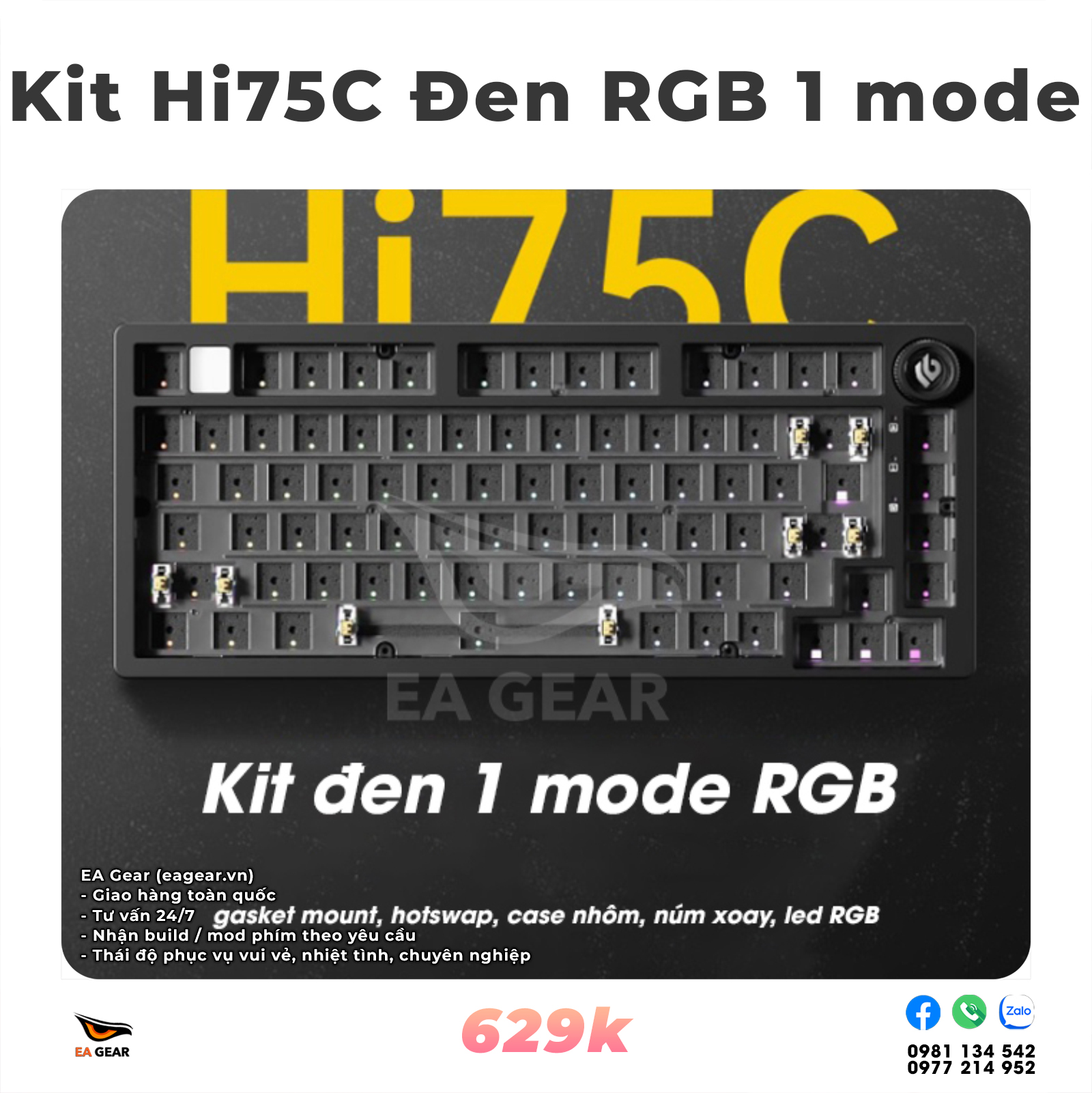 Kit Bàn Phím Cơ Leobog Hi75C Đen Led RGB, 1 Mode Type-C, Case Nhôm, Núm Xoay