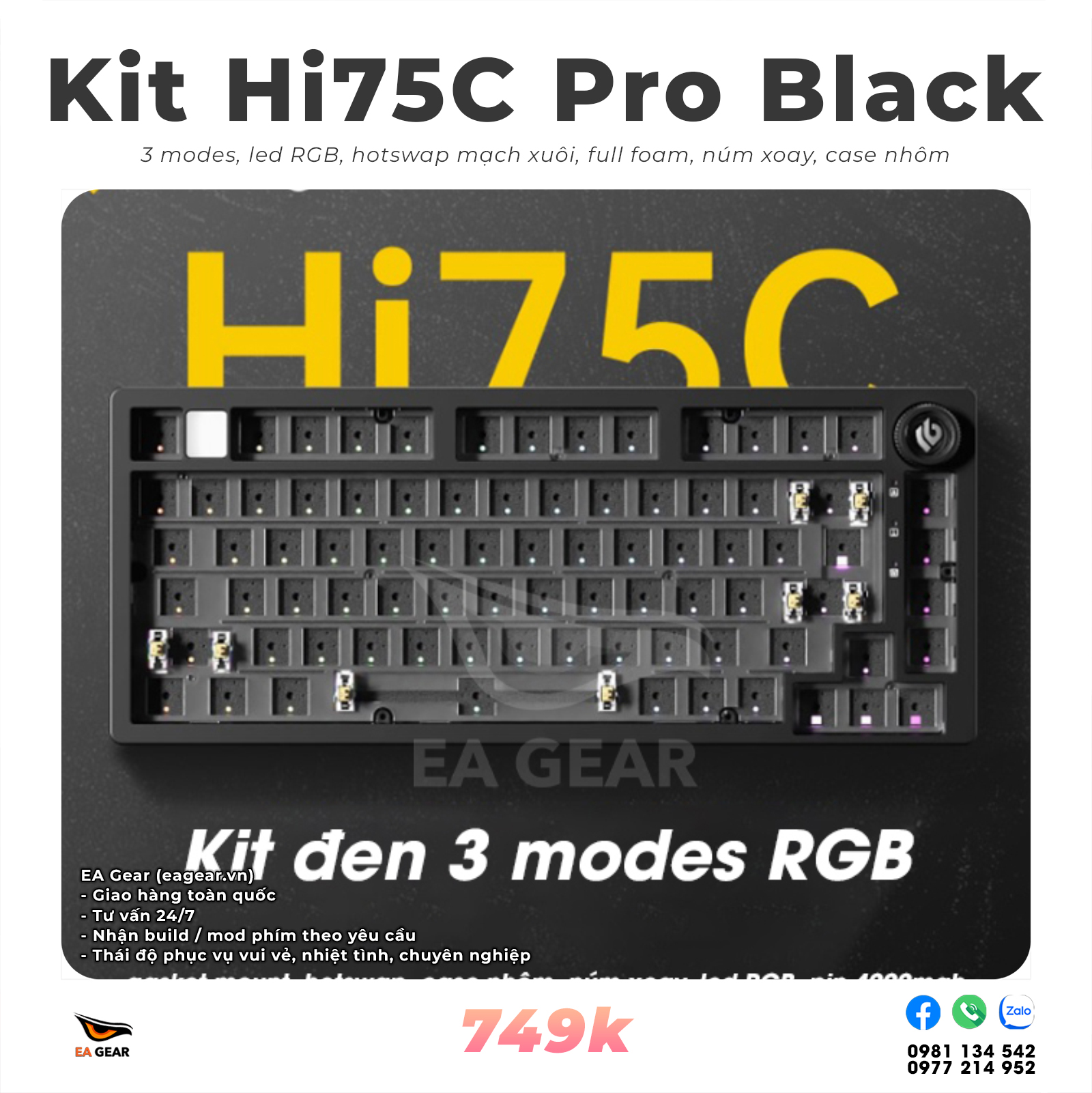 Kit Bàn Phím Cơ Leobog Hi75C Pro 3 Mode – Nhôm Đúc, Gasket Mount, RGB, Núm Xoay - Màu Đen
