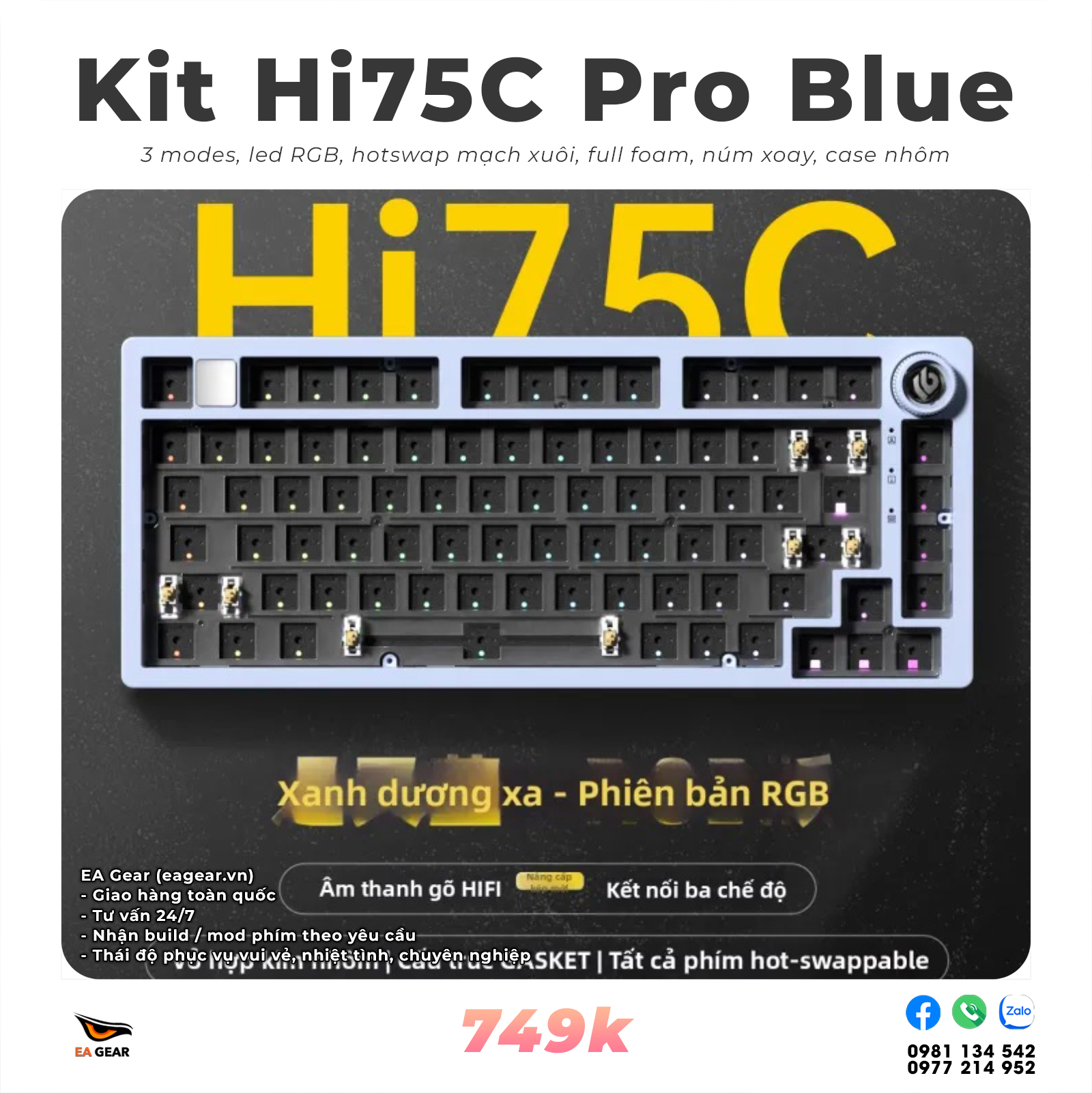 Kit Bàn Phím Cơ Leobog Hi75C Pro 3 Mode – Nhôm Đúc, Gasket Mount, RGB, Núm Xoay - Màu Blue