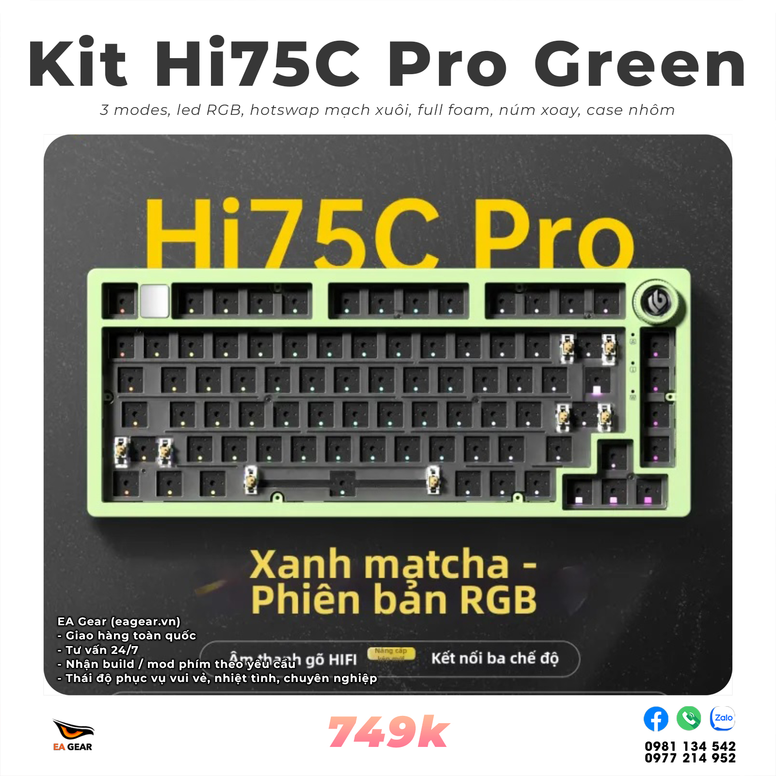Kit Bàn Phím Cơ Leobog Hi75C Pro 3 Mode – Nhôm Đúc, Gasket Mount, RGB, Núm Xoay - Màu Green