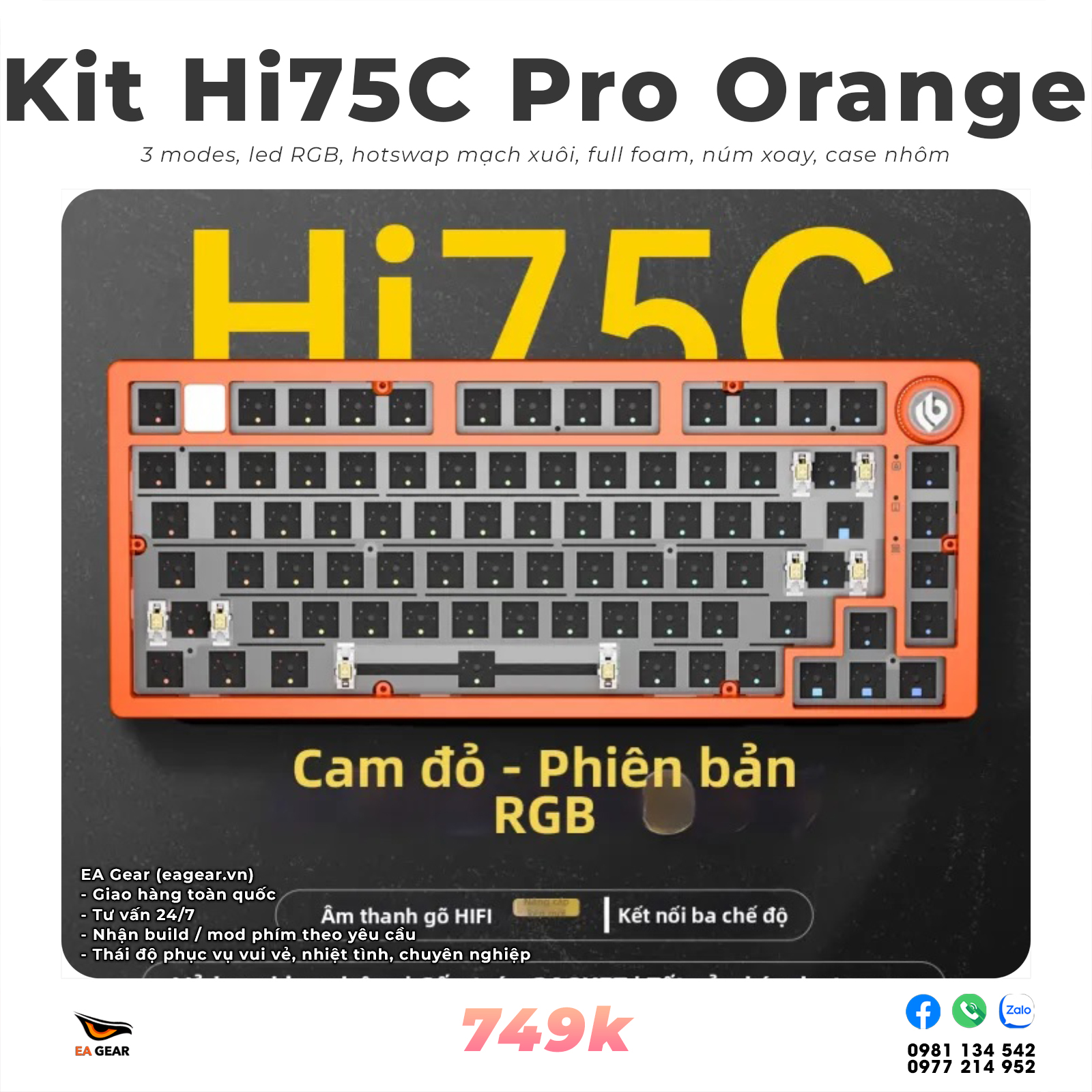 Kit Bàn Phím Cơ Leobog Hi75C Pro 3 Mode – Nhôm Đúc, Gasket Mount, RGB, Núm Xoay - Màu Cam