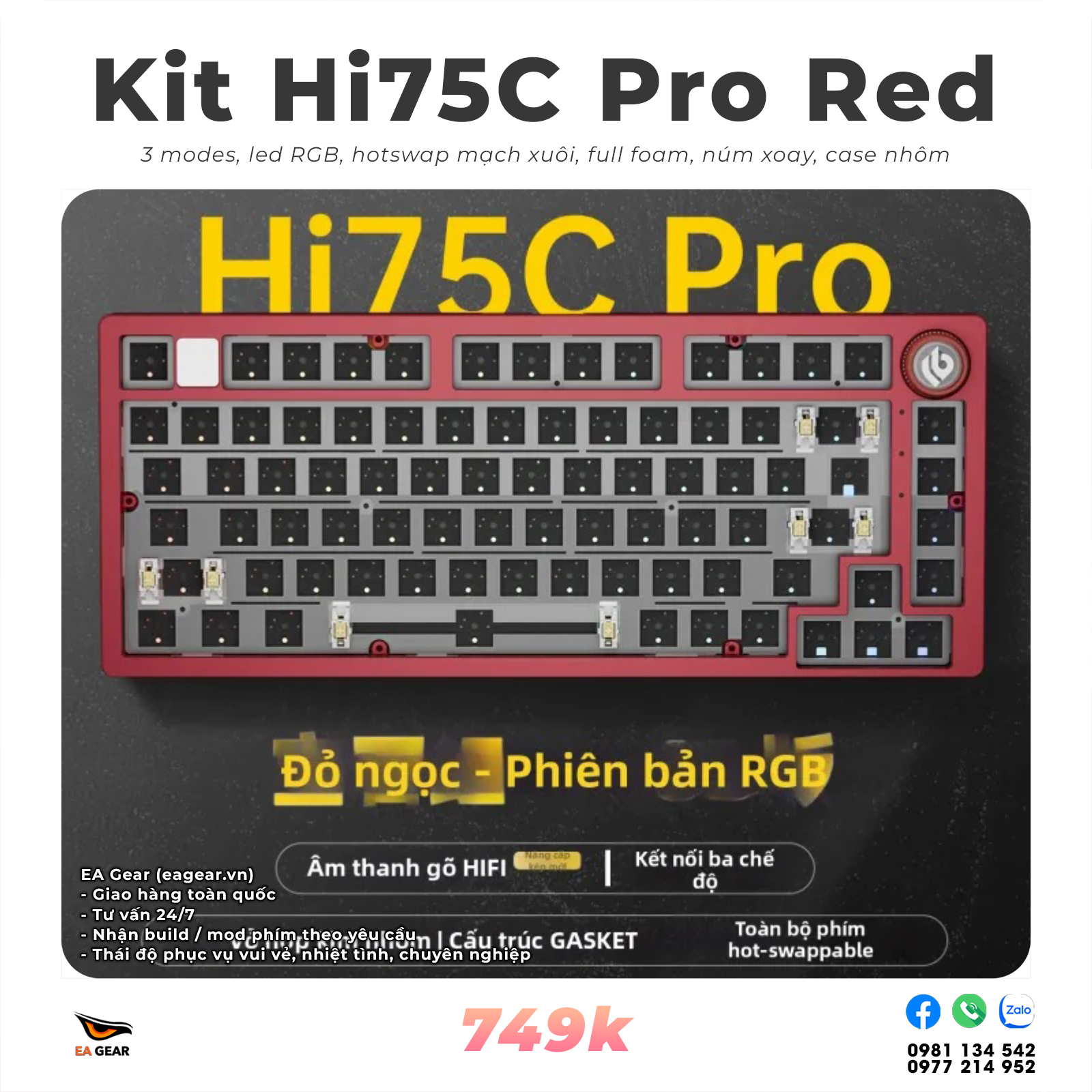 Kit Bàn Phím Cơ Leobog Hi75C Pro 3 Mode – Nhôm Đúc, Gasket Mount, RGB, Núm Xoay - Màu Đỏ
