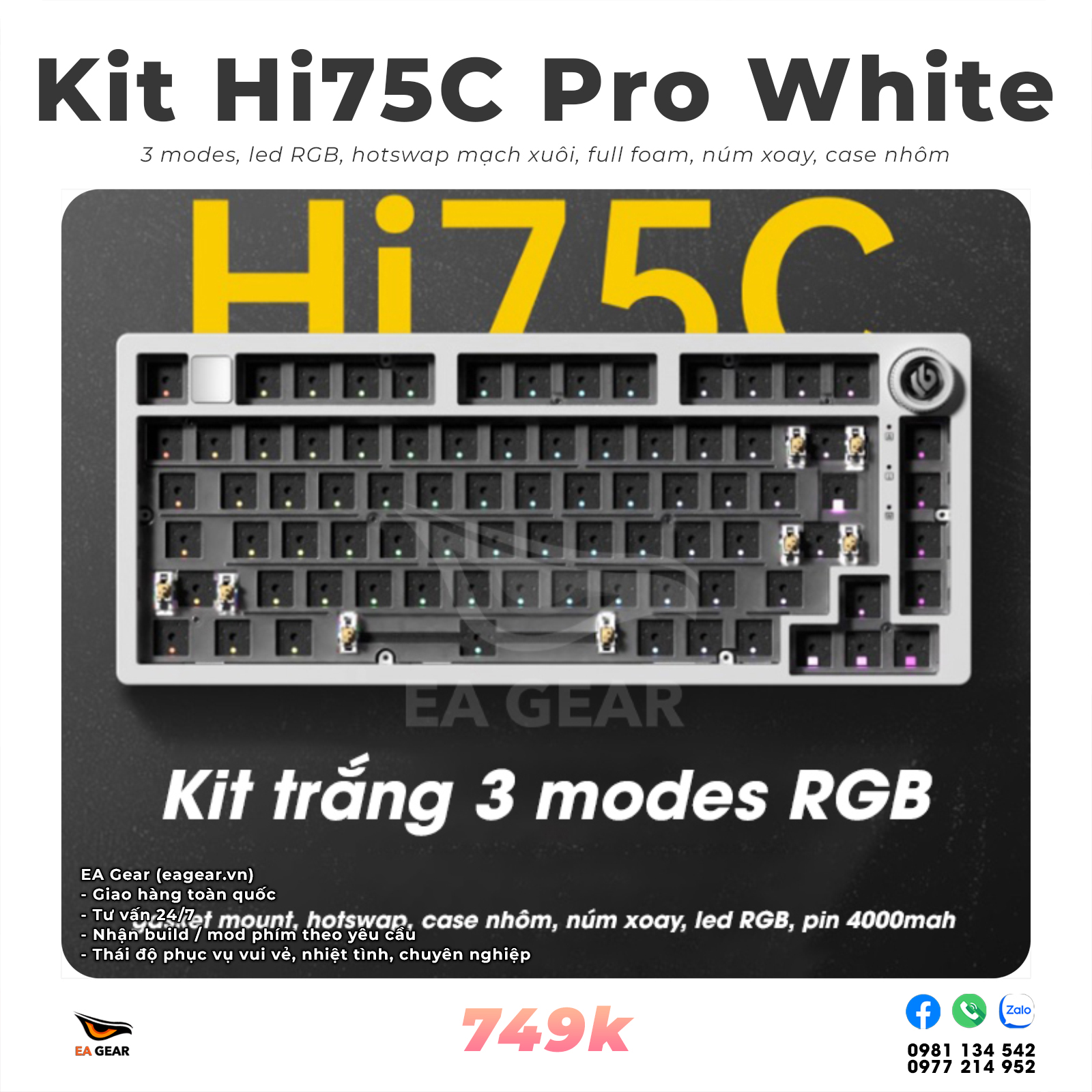 Kit Bàn Phím Cơ Leobog Hi75C Pro 3 Mode – Nhôm Đúc, Gasket Mount, RGB, Núm Xoay - Màu Trắng