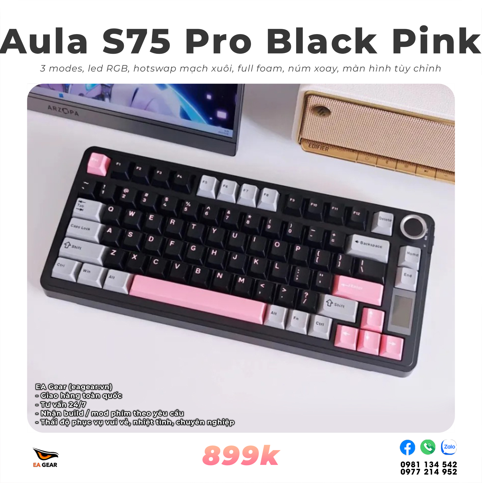 Bàn phím cơ AULA S75 Pro – F75 3 Mode, Màn hình TFT, Gasket Mount, Hotswap 5 Pin - Màu Black Pink