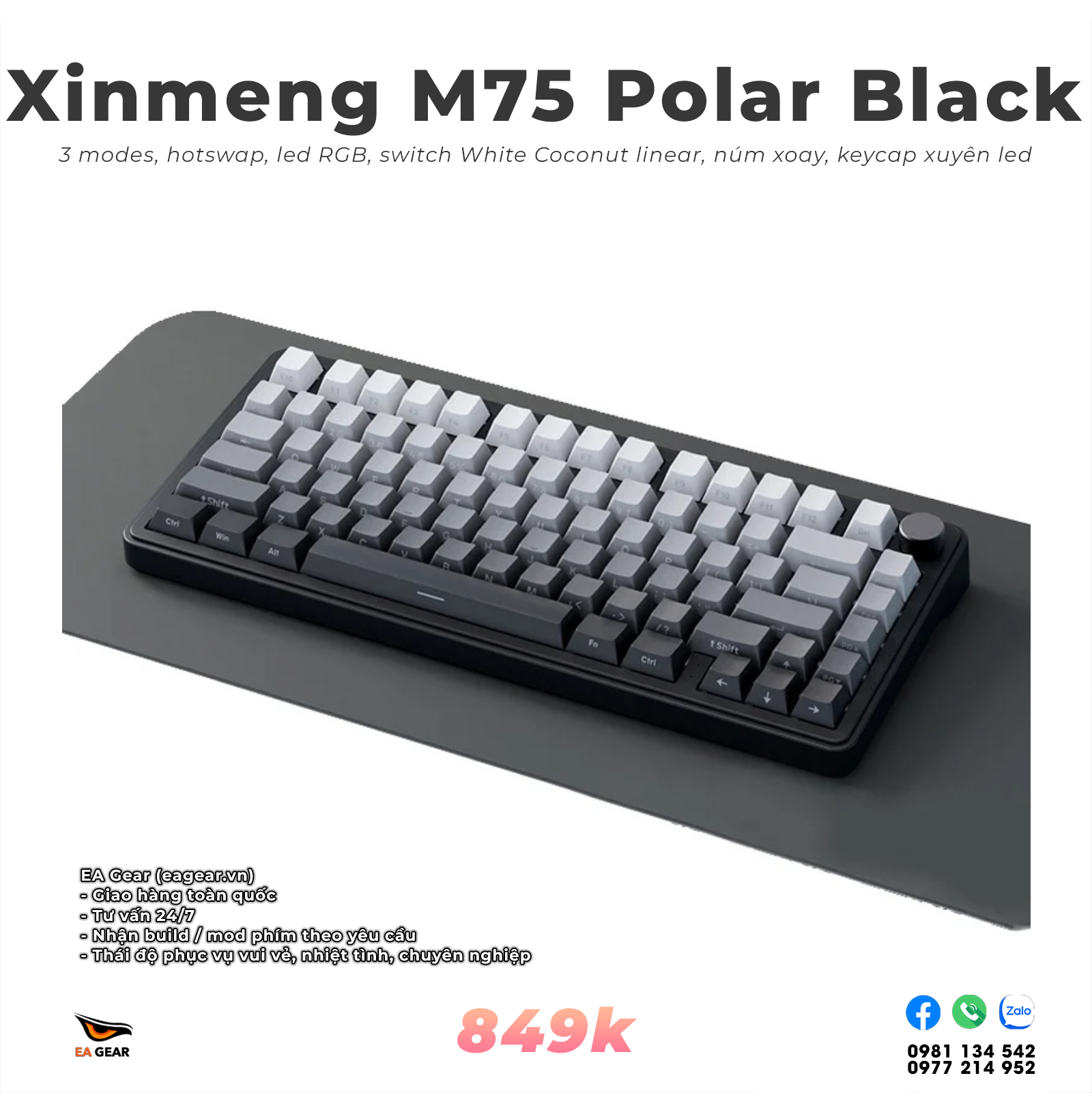 Bàn Phím Cơ Xinmeng M75 3 Mode – Layout 75%, RGB, Hot-swap, Pin 5000mAh - Màu Đen Polar
